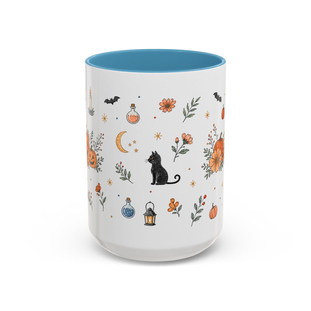 Black Cat Halloween Mug | Pumpkin Moon Watercolor Gift | Spooky Accent Cup 11oz 15oz