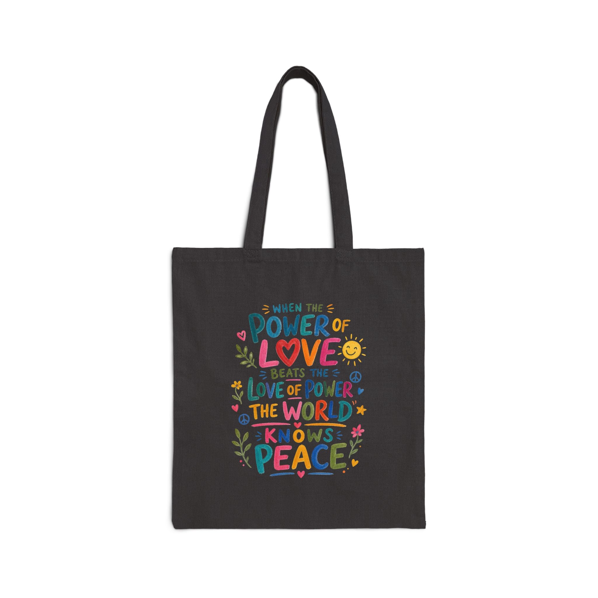 Power of Love Peace Tote Bag | Inspirational Quote Canvas Bag | Colorful Reusable Cotton Tote