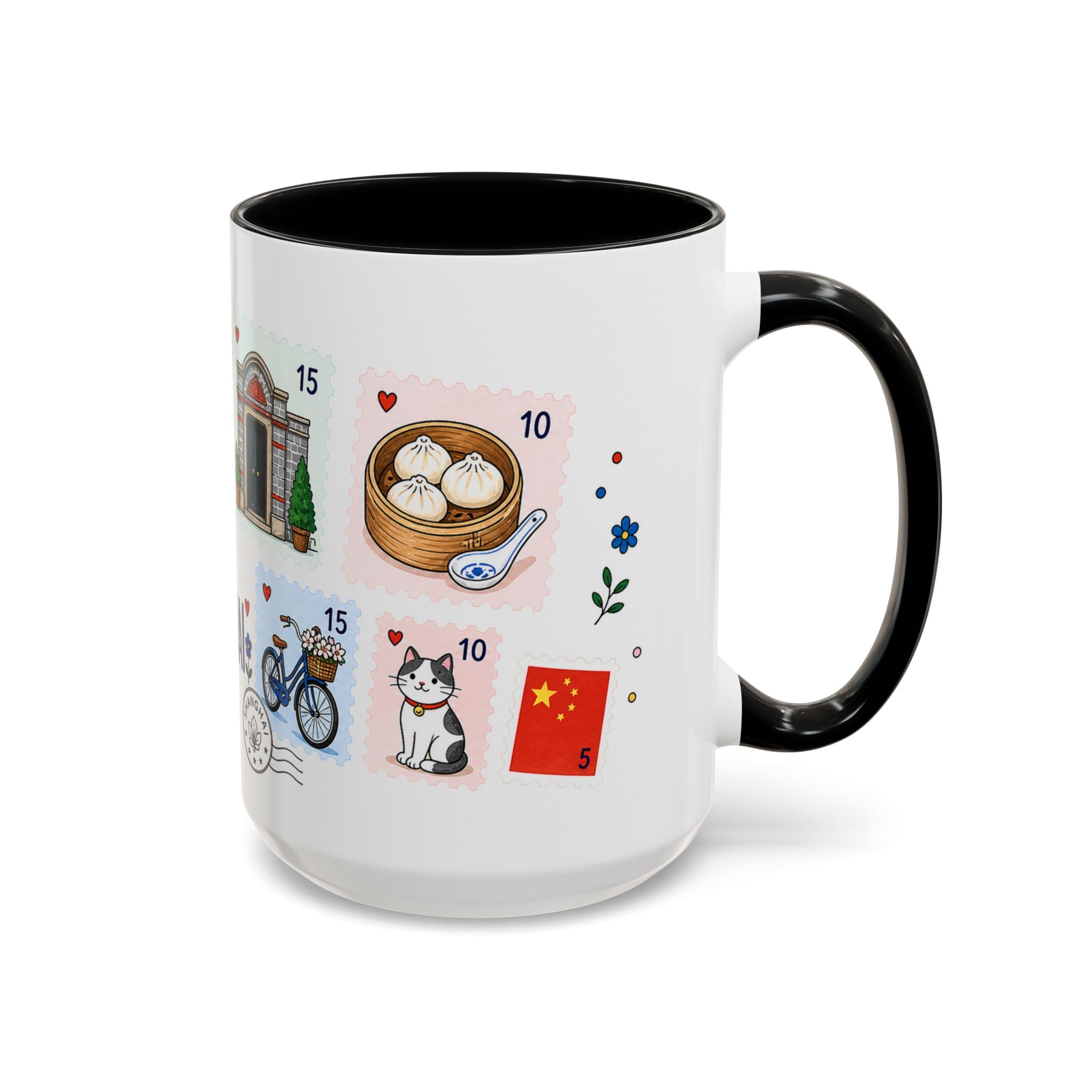 Shanghai Coffee Mug | Postage Stamp Collage Mug | Travel Souvenir Accent Cup 11oz 15oz