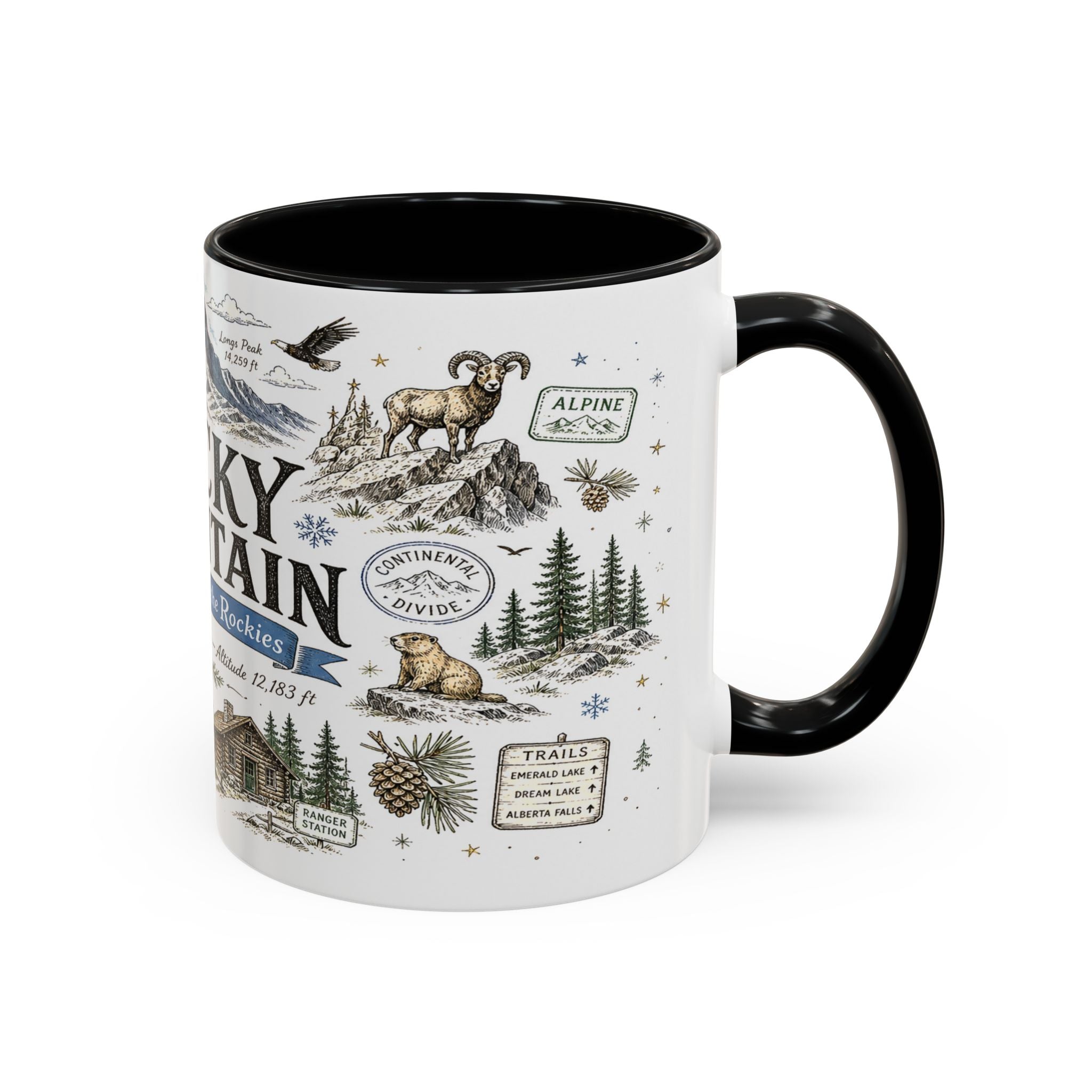 Rocky Mountain Coffee Mug | National Park Hiking Camping Gift | Accent Color Ceramic 11oz 15oz