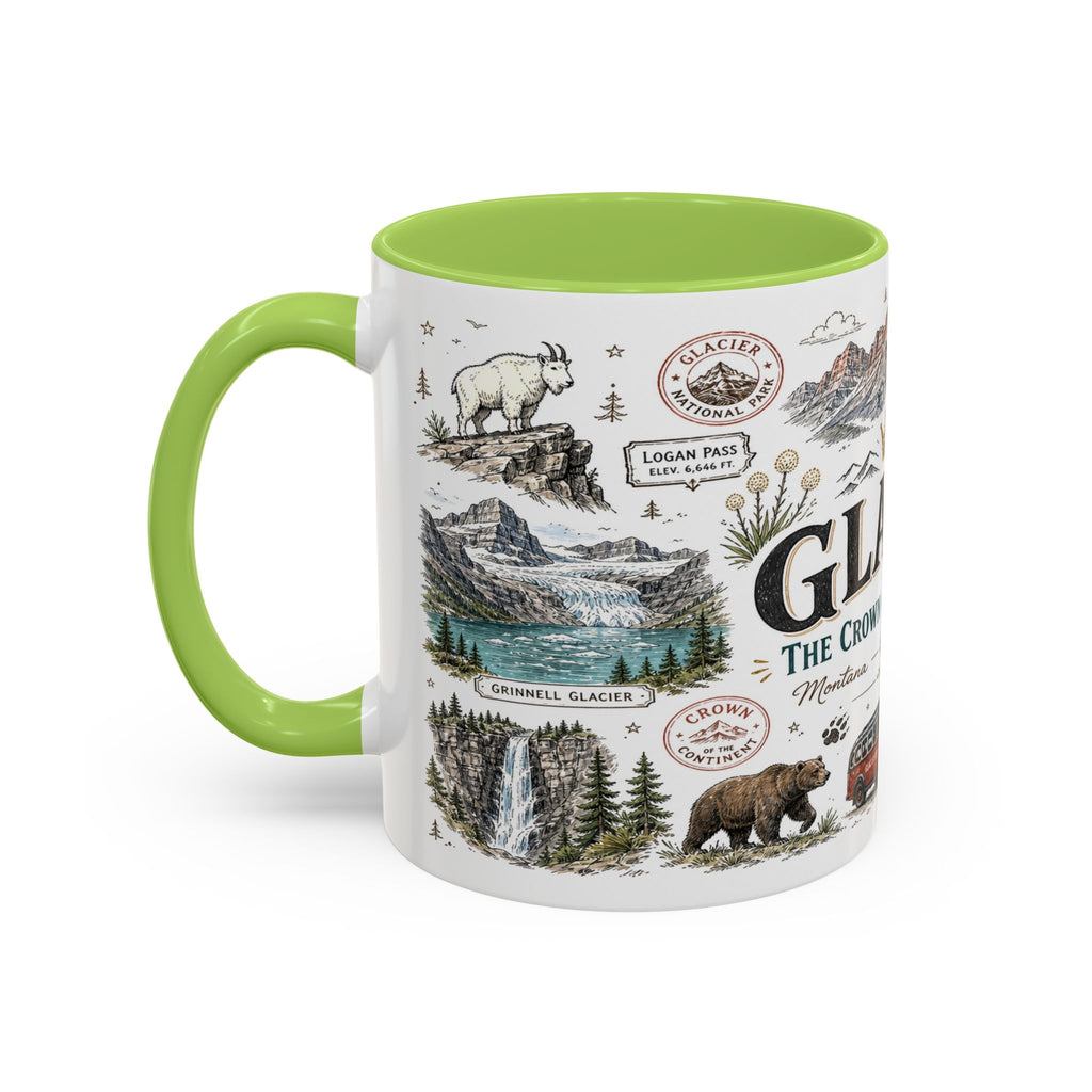 Glacier Coffee Mug | National Park Hiking Montana Gift | Accent Color Ceramic 11oz 15oz