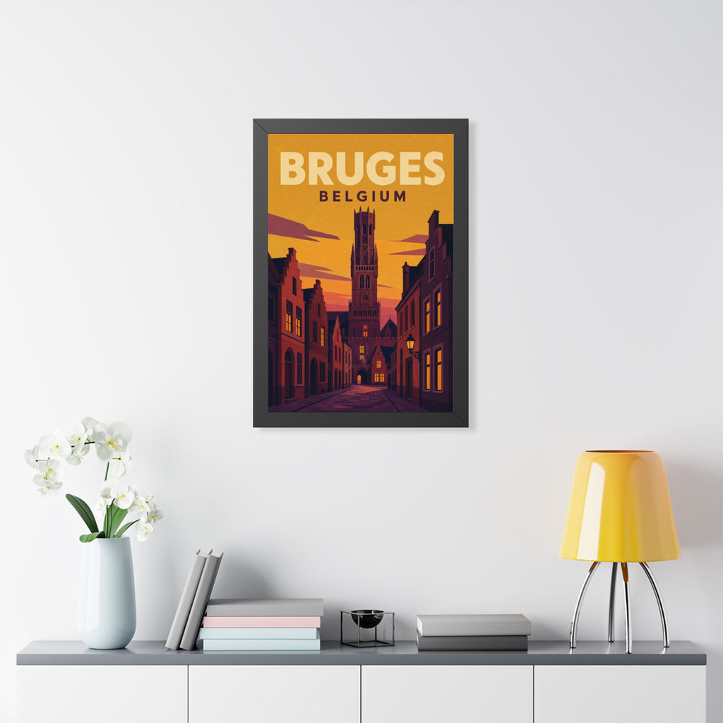 Bruges Belgium Framed Poster | Vintage Travel Wall Art | Black Walnut White Frame | 16x24 20x30
