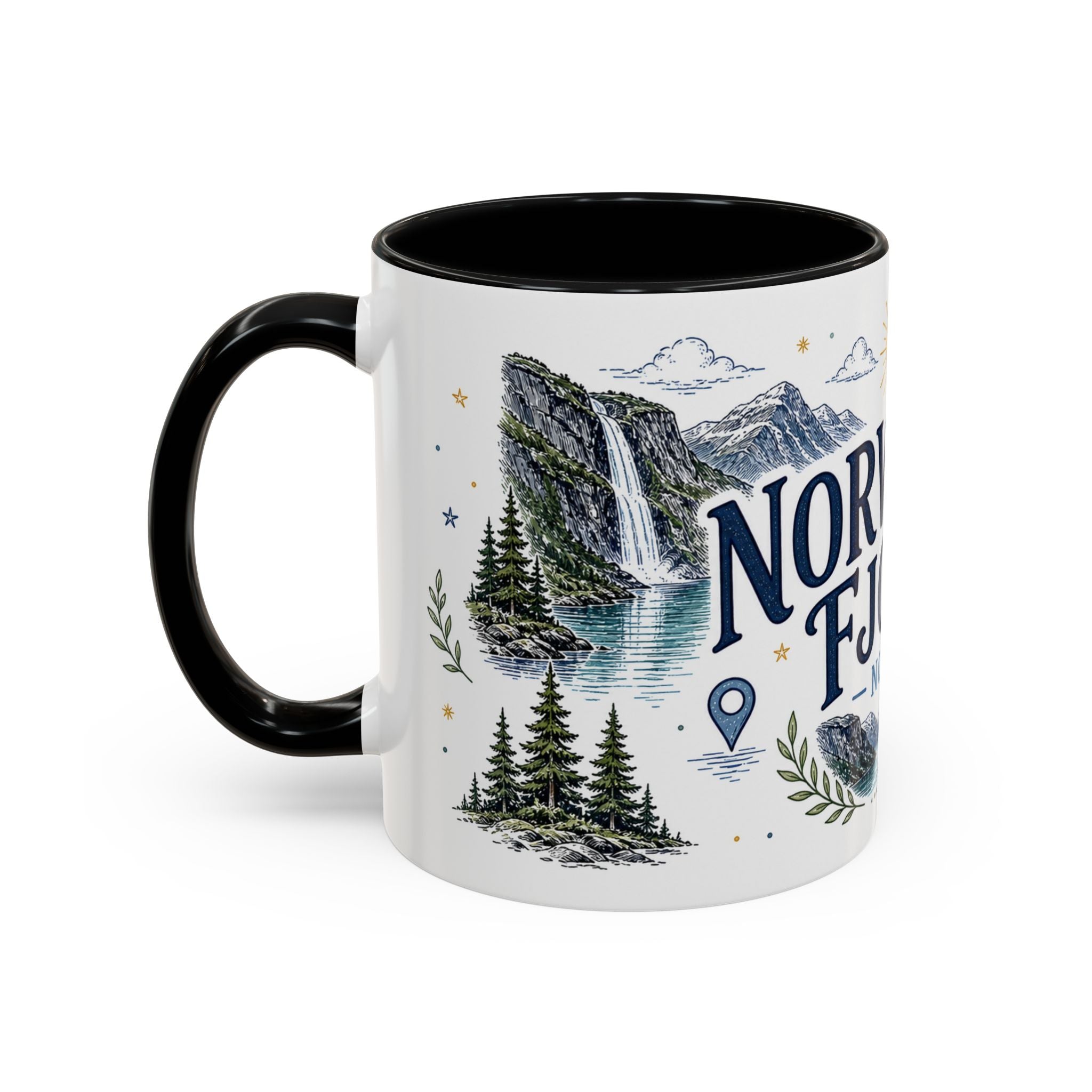 Norwegian Fjords Coffee Mug | Travel Destination Souvenir Gift | Accent Color Ceramic 11oz 15oz