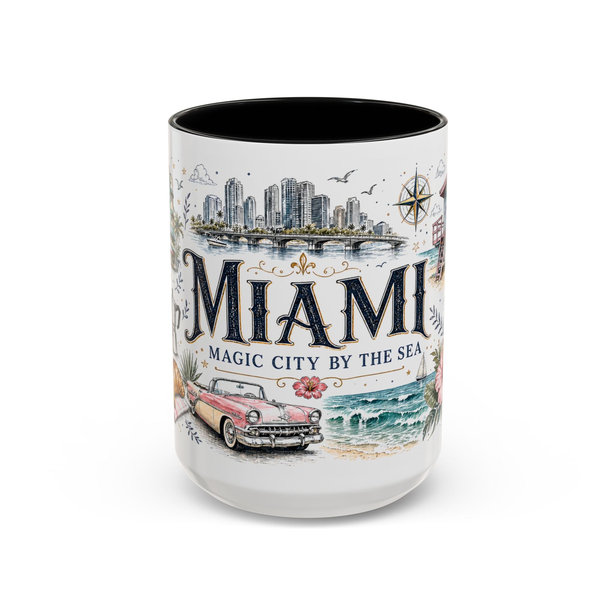 Miami Coffee Mug | United States Travel Souvenir | Vintage Illustrated City Gift | 11 oz 15 oz Accent Mug