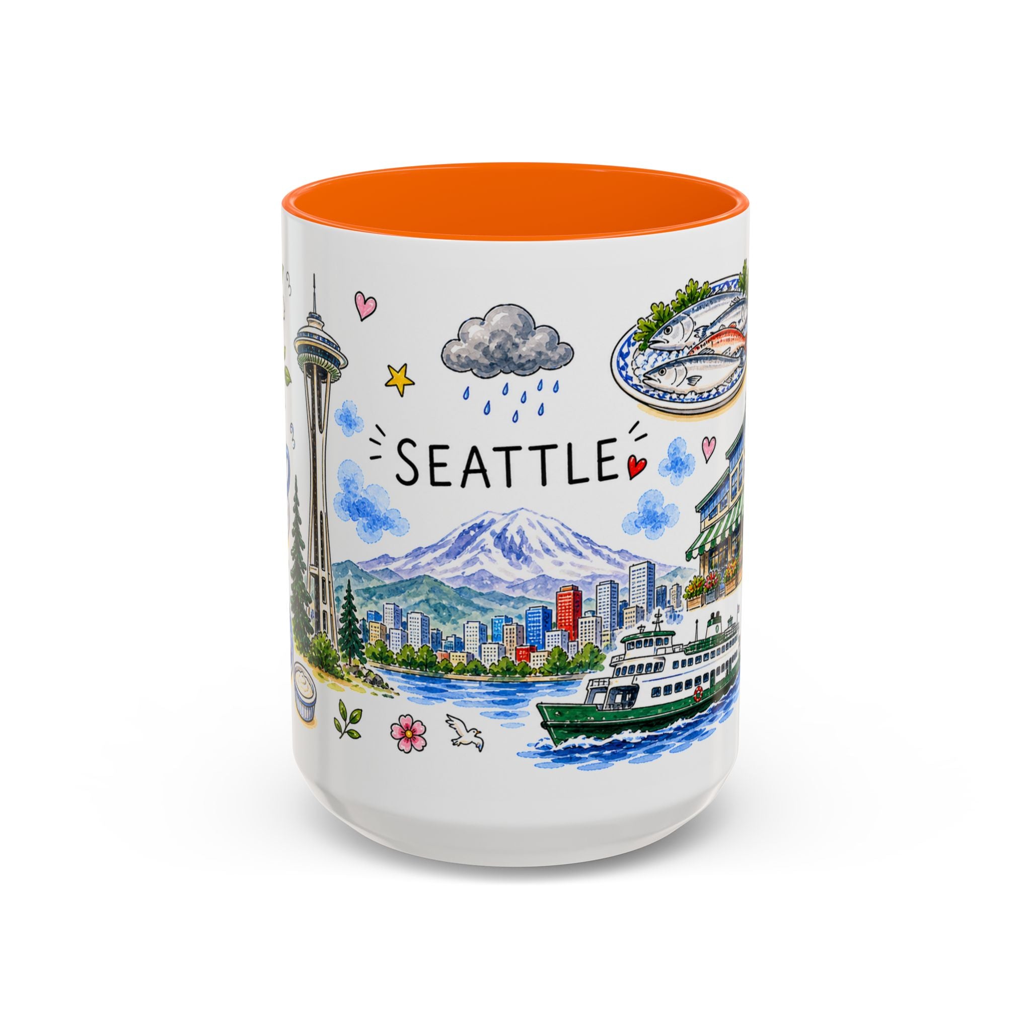 Seattle Illustrated Travel Mug | City Souvenir Accent Coffee Mug | 11oz 15oz Ceramic Cup