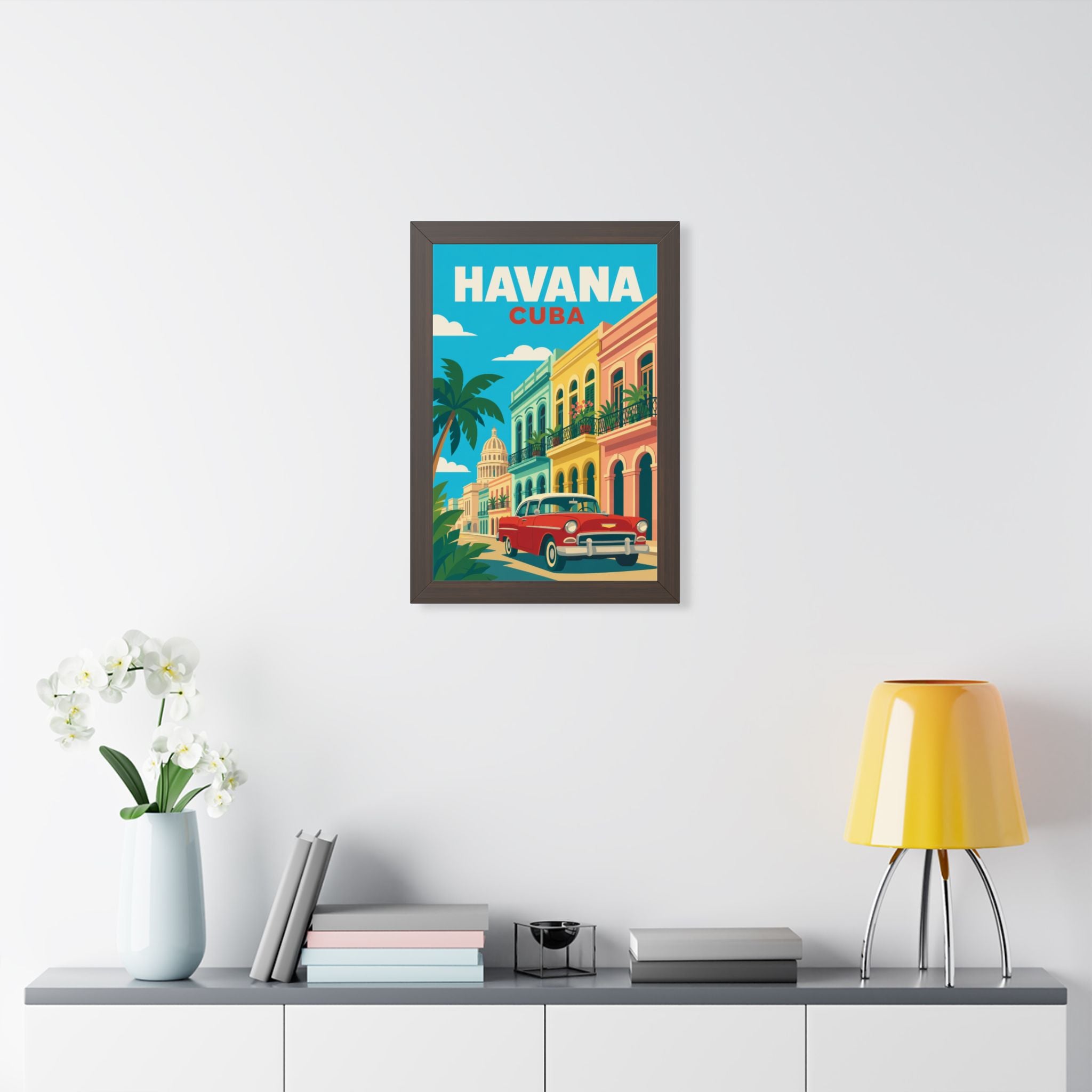 Havana Cuba Framed Poster | Vintage Travel Wall Art | Black Walnut White Frame | 16x24 20x30