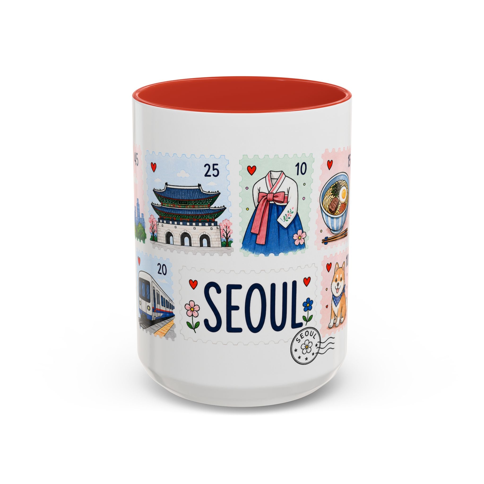Seoul Coffee Mug | Postage Stamp Collage Mug | Travel Souvenir Accent Cup 11oz 15oz