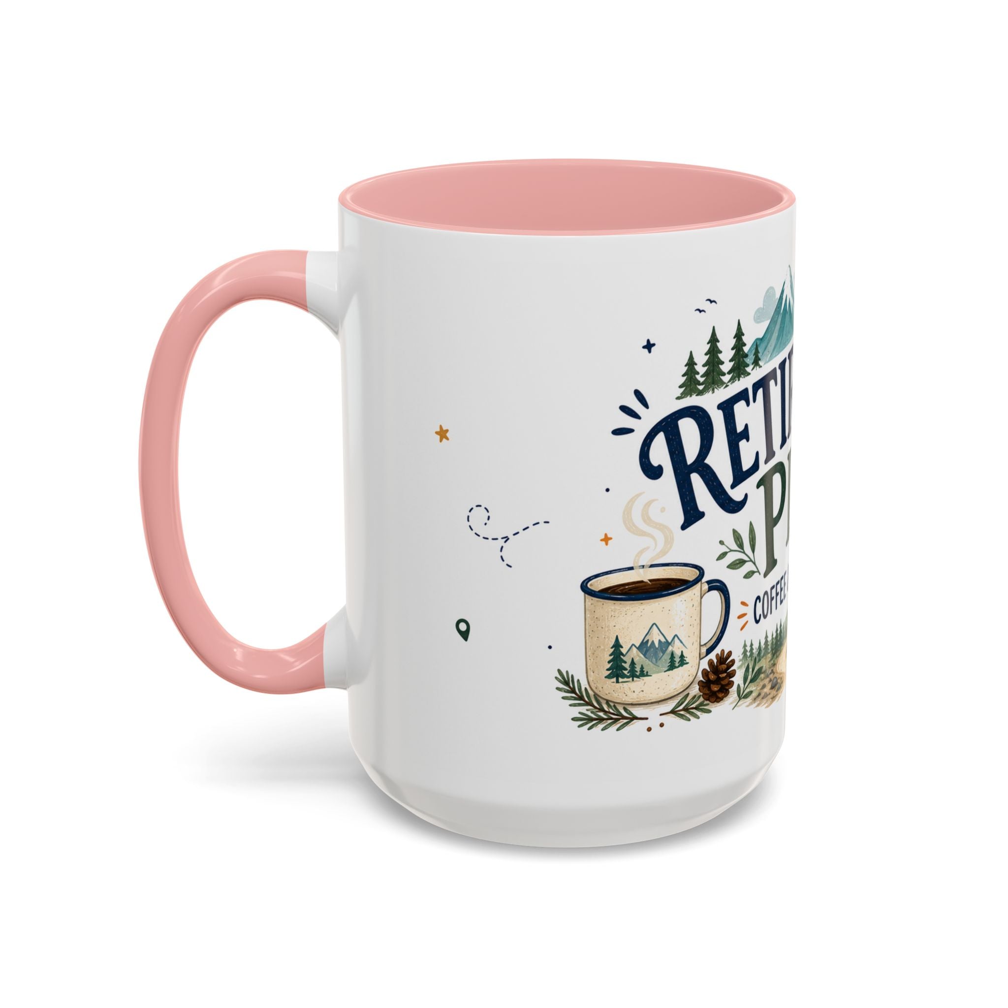 Retirement Plan Coffee And Adventures Mug | Travel Retirement Gift | Accent Color Ceramic 11oz 15oz