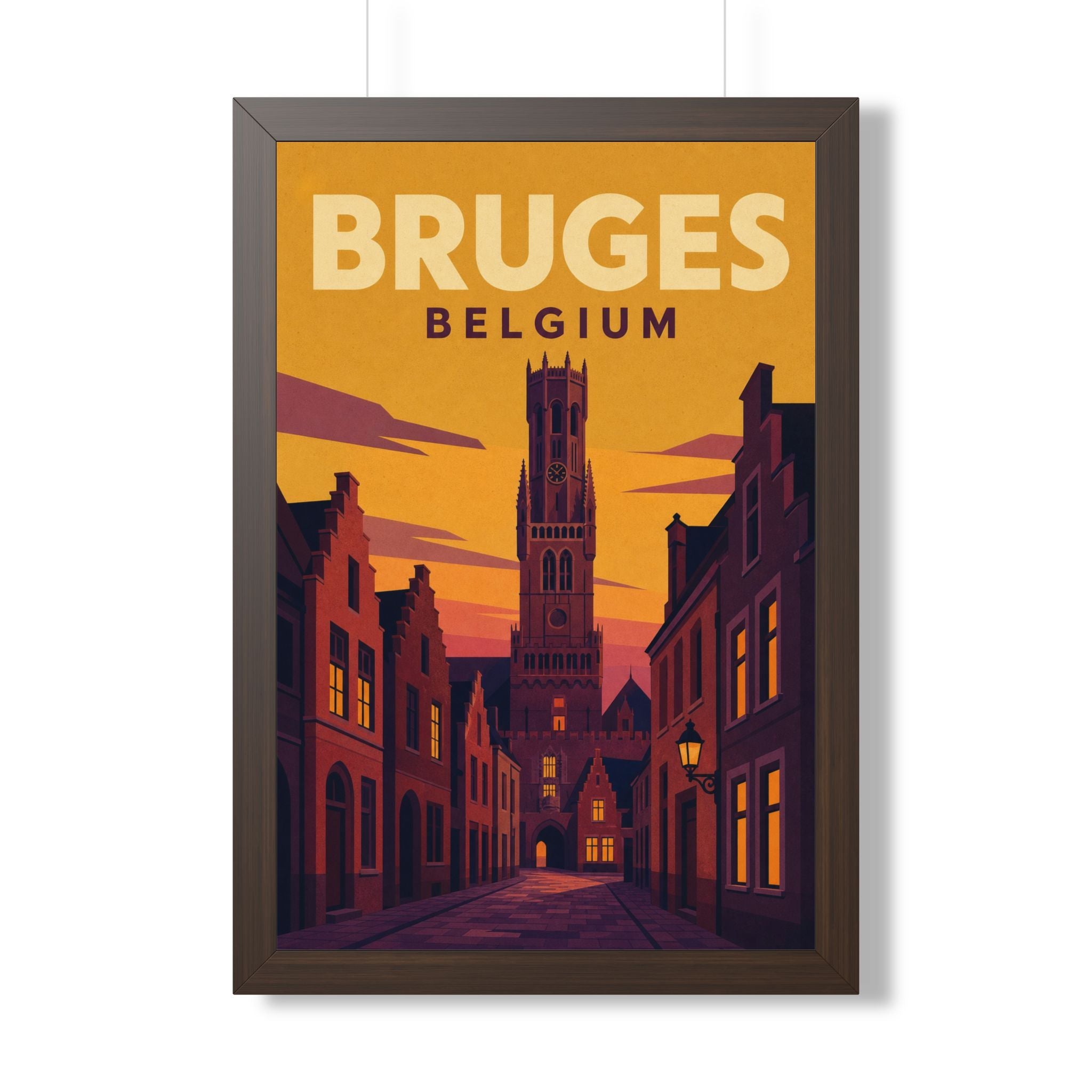 Bruges Belgium Framed Poster | Vintage Travel Wall Art | Black Walnut White Frame | 16x24 20x30