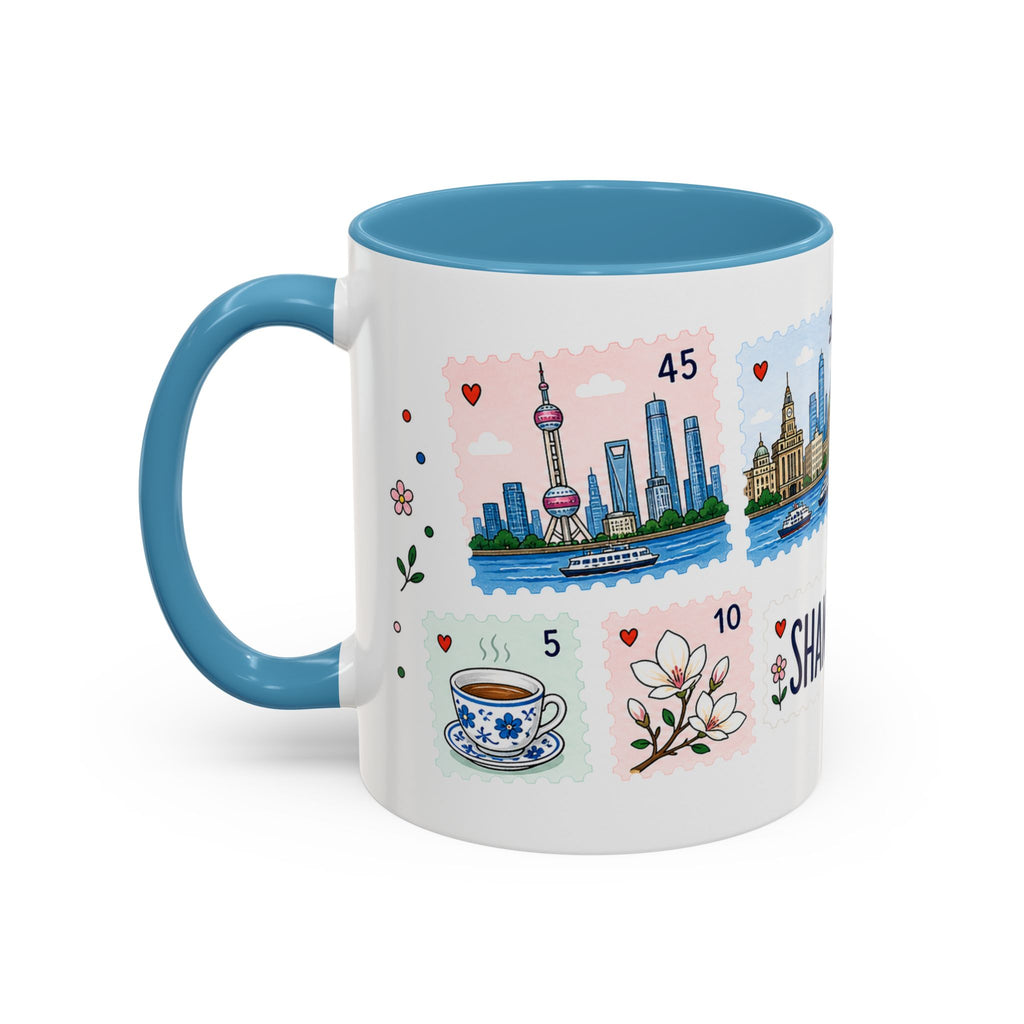 Shanghai Coffee Mug | Postage Stamp Collage Mug | Travel Souvenir Accent Cup 11oz 15oz