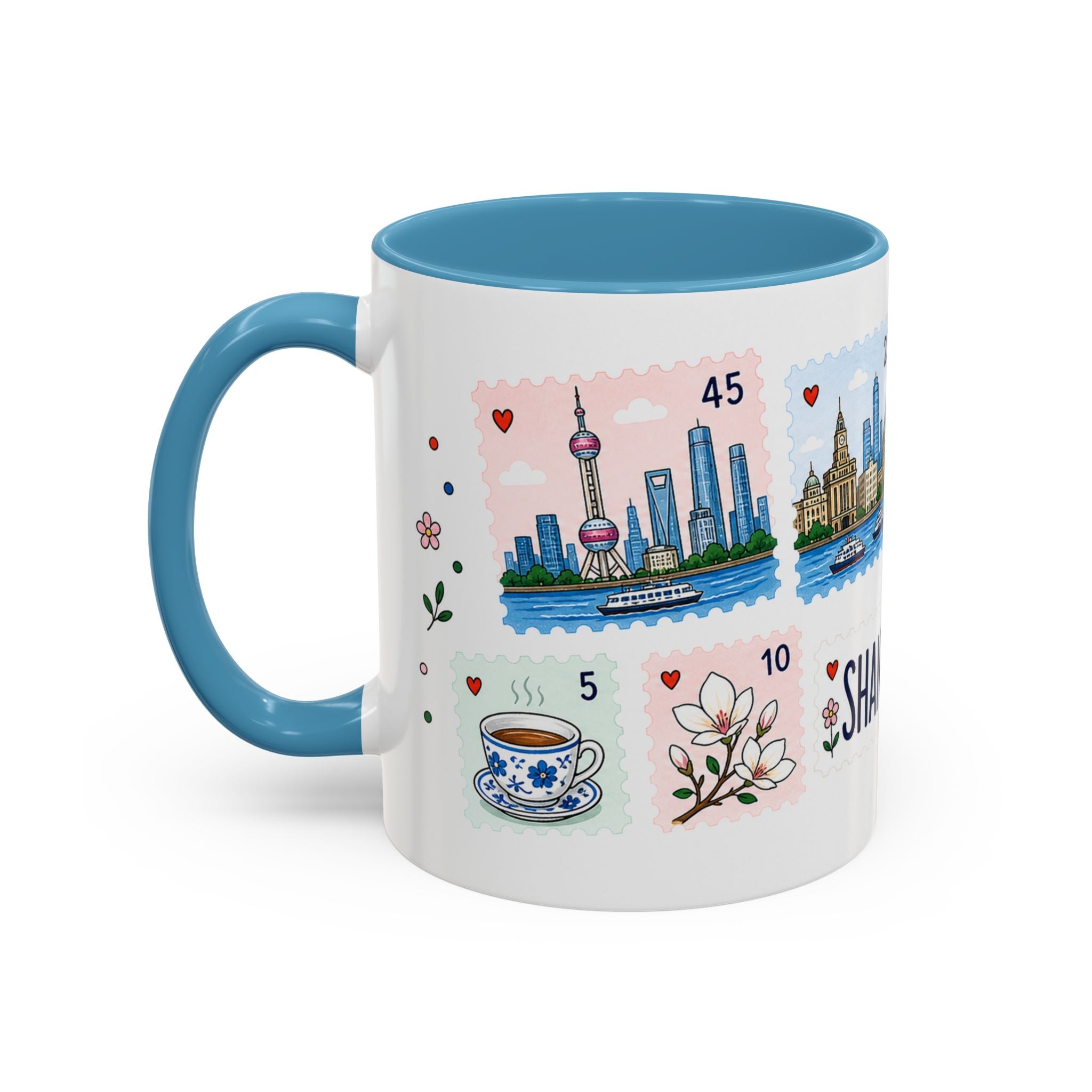Shanghai Coffee Mug | Postage Stamp Collage Mug | Travel Souvenir Accent Cup 11oz 15oz