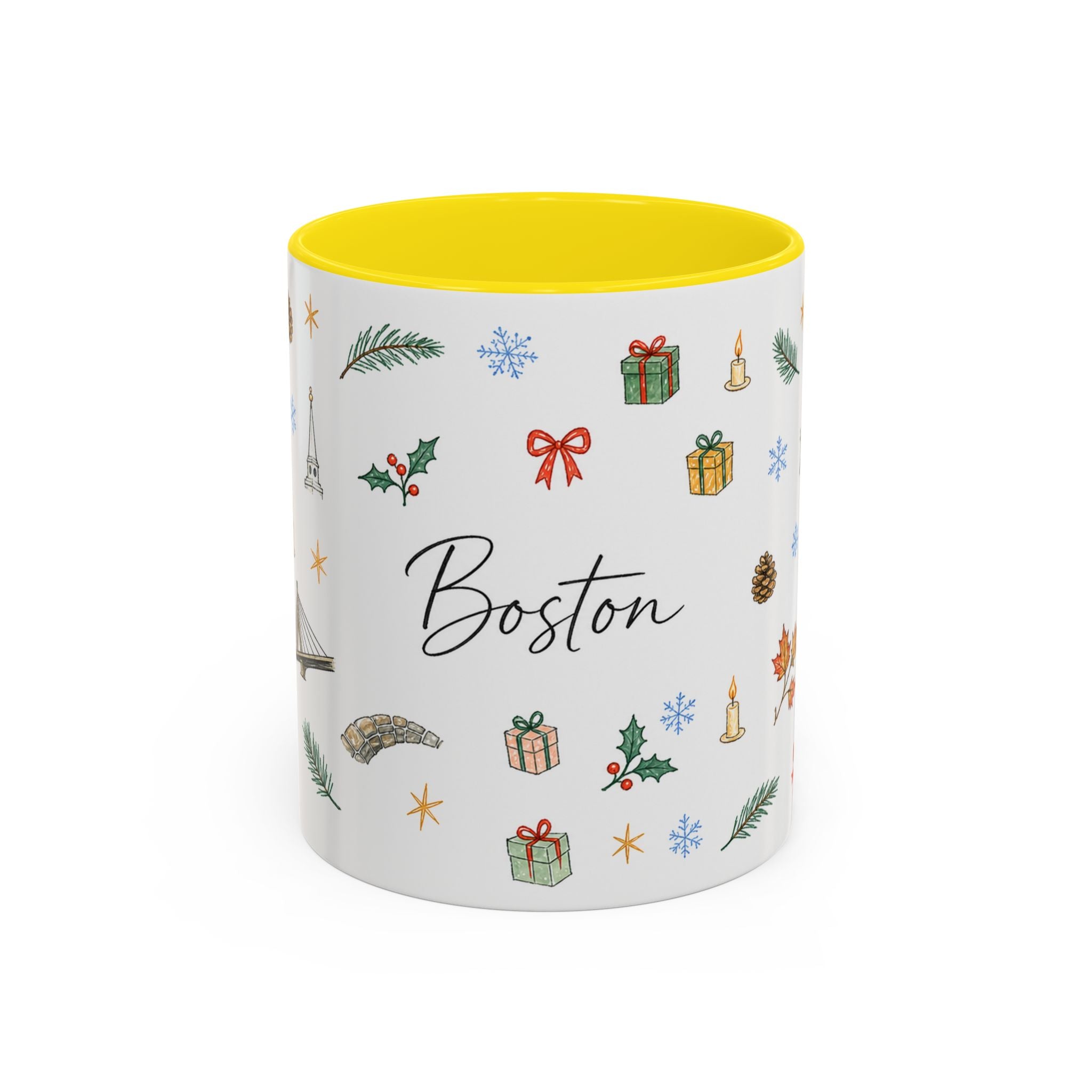Boston Christmas Mug | Watercolor Travel Souvenir | Holiday Gift | Accent Ceramic Coffee Cup 11oz 15oz