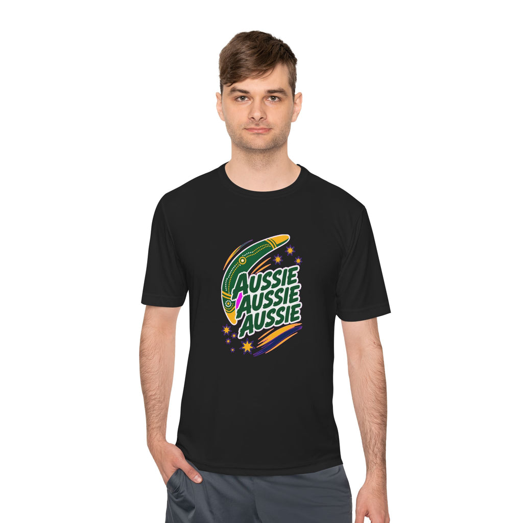 Australia Fan T-Shirt, Aussie Boomerang Design, Moisture Wicking Sport Tee