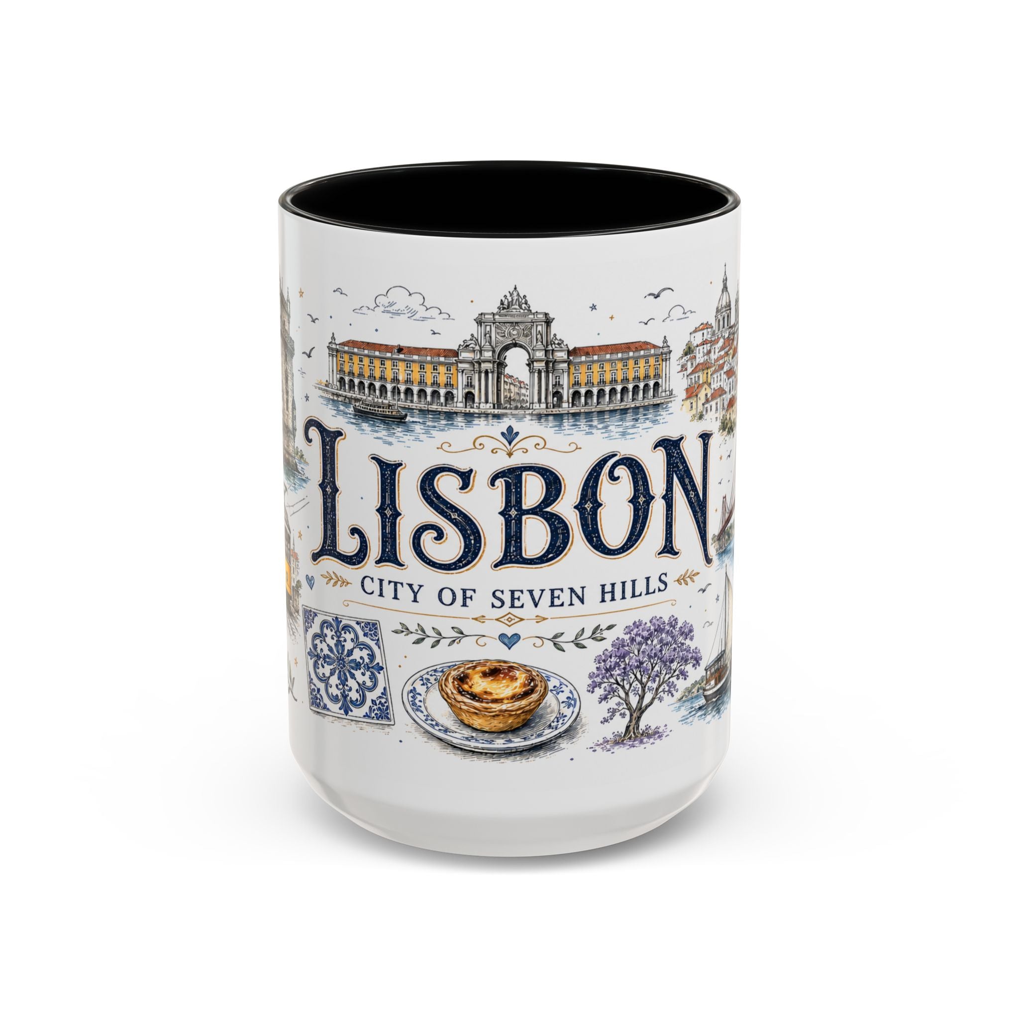 Lisbon Coffee Mug | Portugal Travel Souvenir | Vintage Illustrated City Gift | 11 oz 15 oz Accent Mug