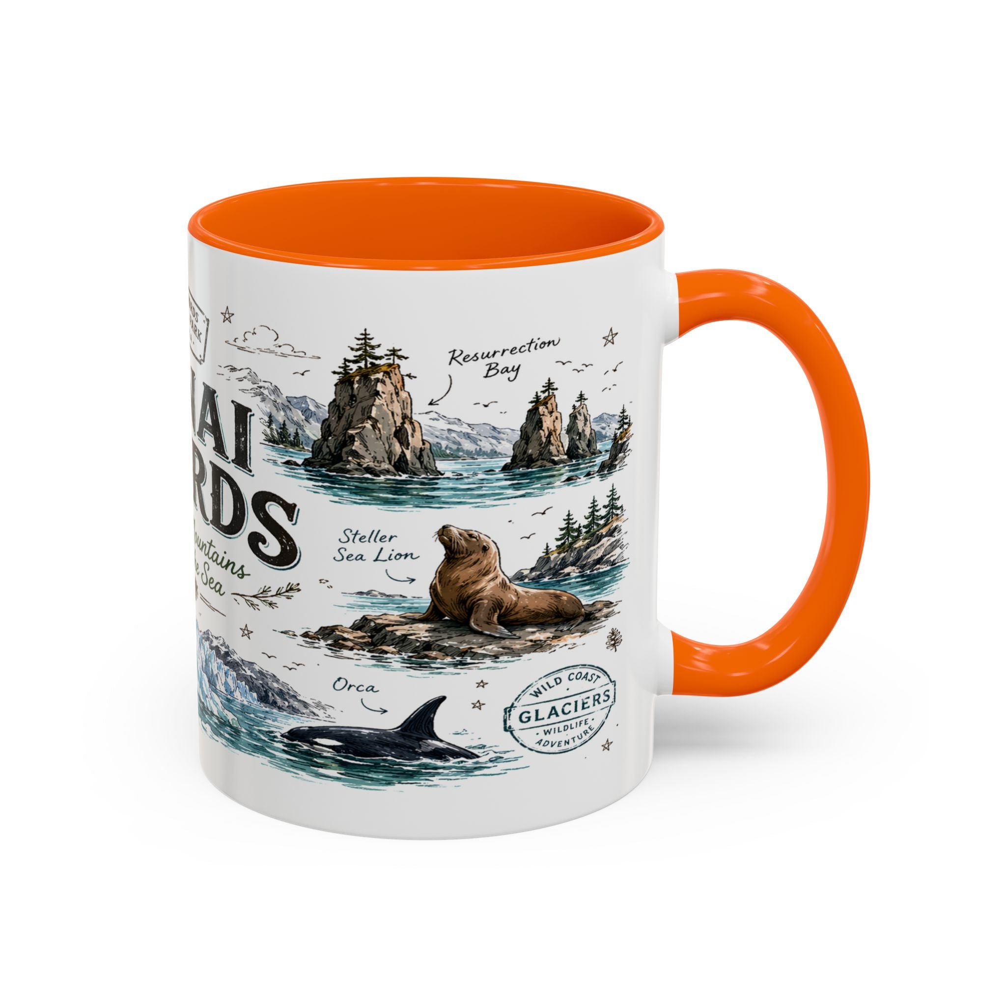 Kenai Fjords National Park Coffee Mug | Alaska Coastal Wildlife Hiking Gift | Accent Color Ceramic 11oz 15oz
