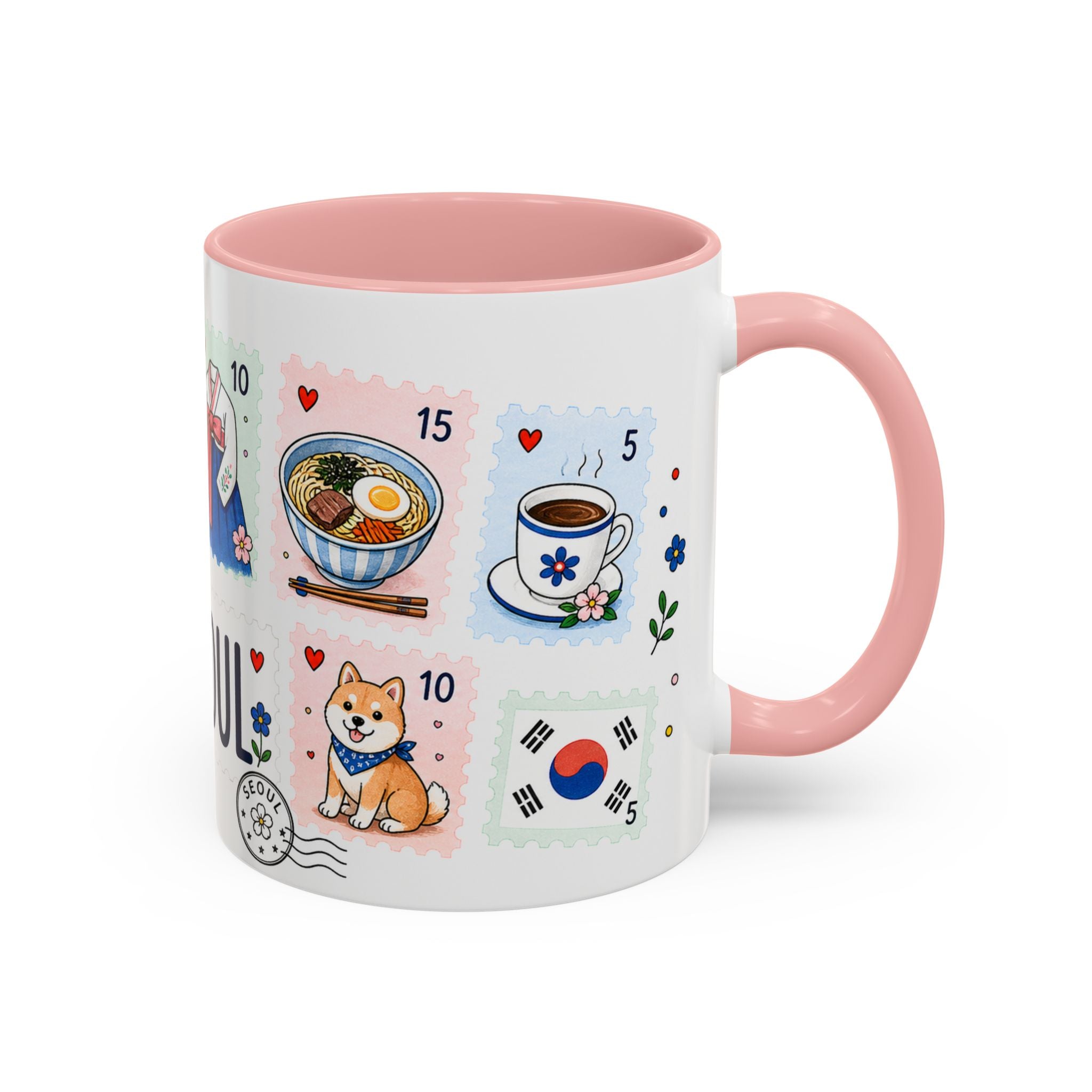 Seoul Coffee Mug | Postage Stamp Collage Mug | Travel Souvenir Accent Cup 11oz 15oz
