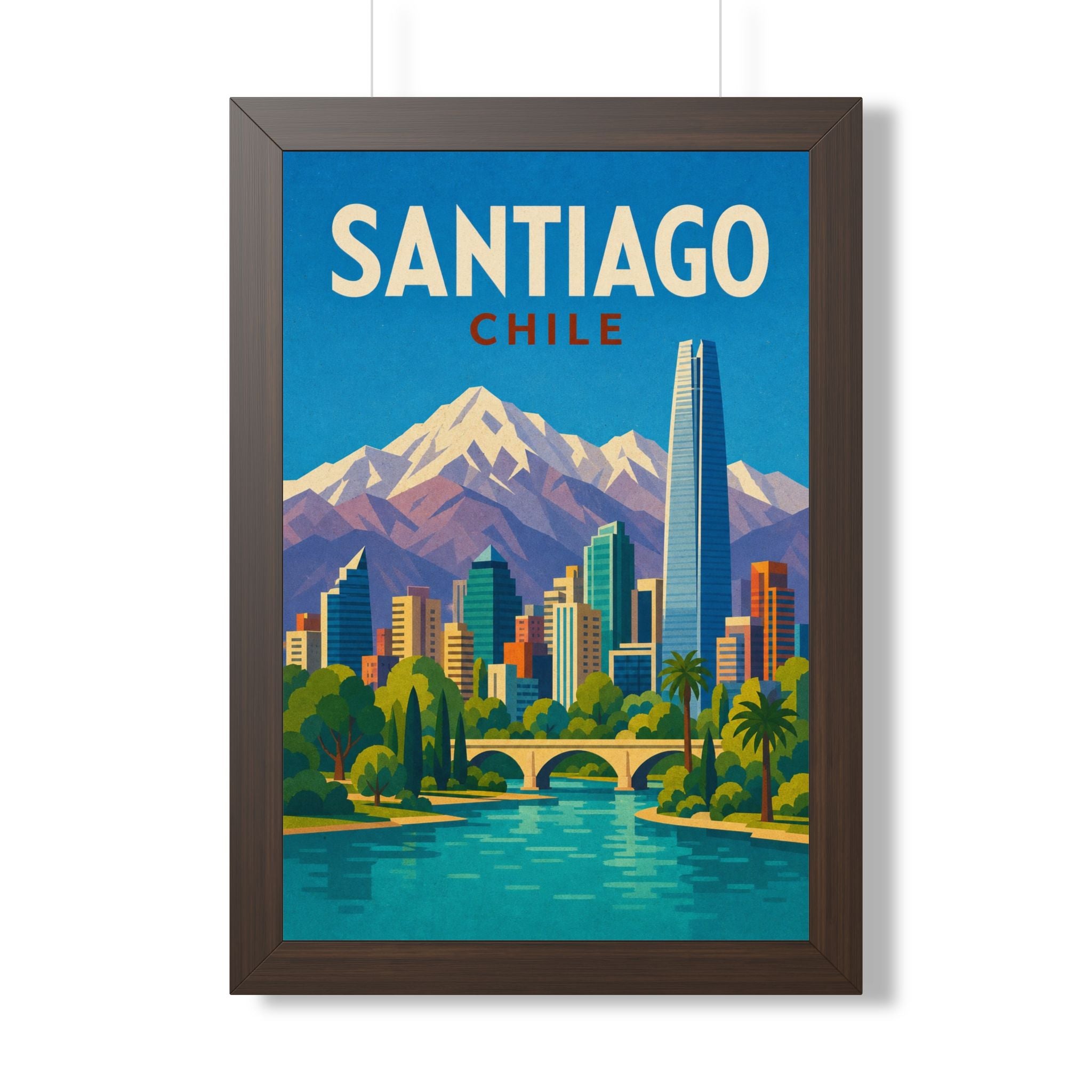 Santiago Chile Framed Poster | Vintage Travel Wall Art | Black Walnut White Frame | 16x24 20x30