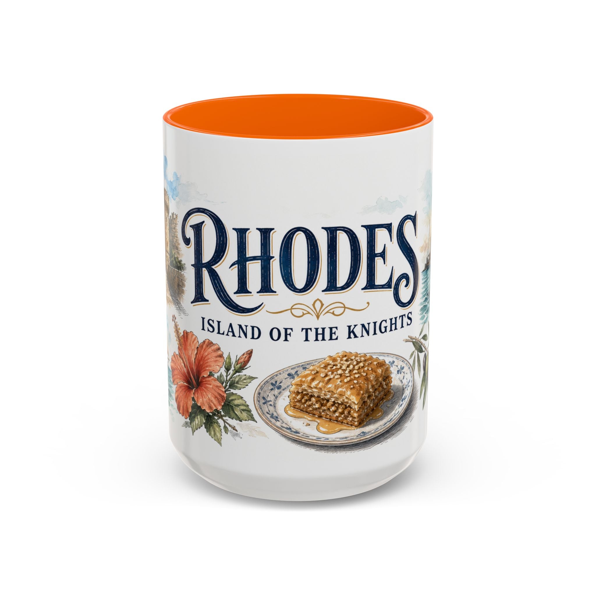 Rhodes Coffee Mug | Greece Travel Souvenir | Vintage Illustrated City Gift | 11 oz 15 oz Accent Mug