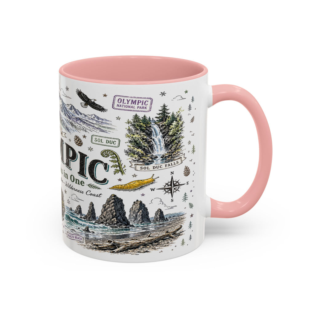 Olympic Coffee Mug | National Park Hiking Rainforest Gift | Accent Color Ceramic 11oz 15oz