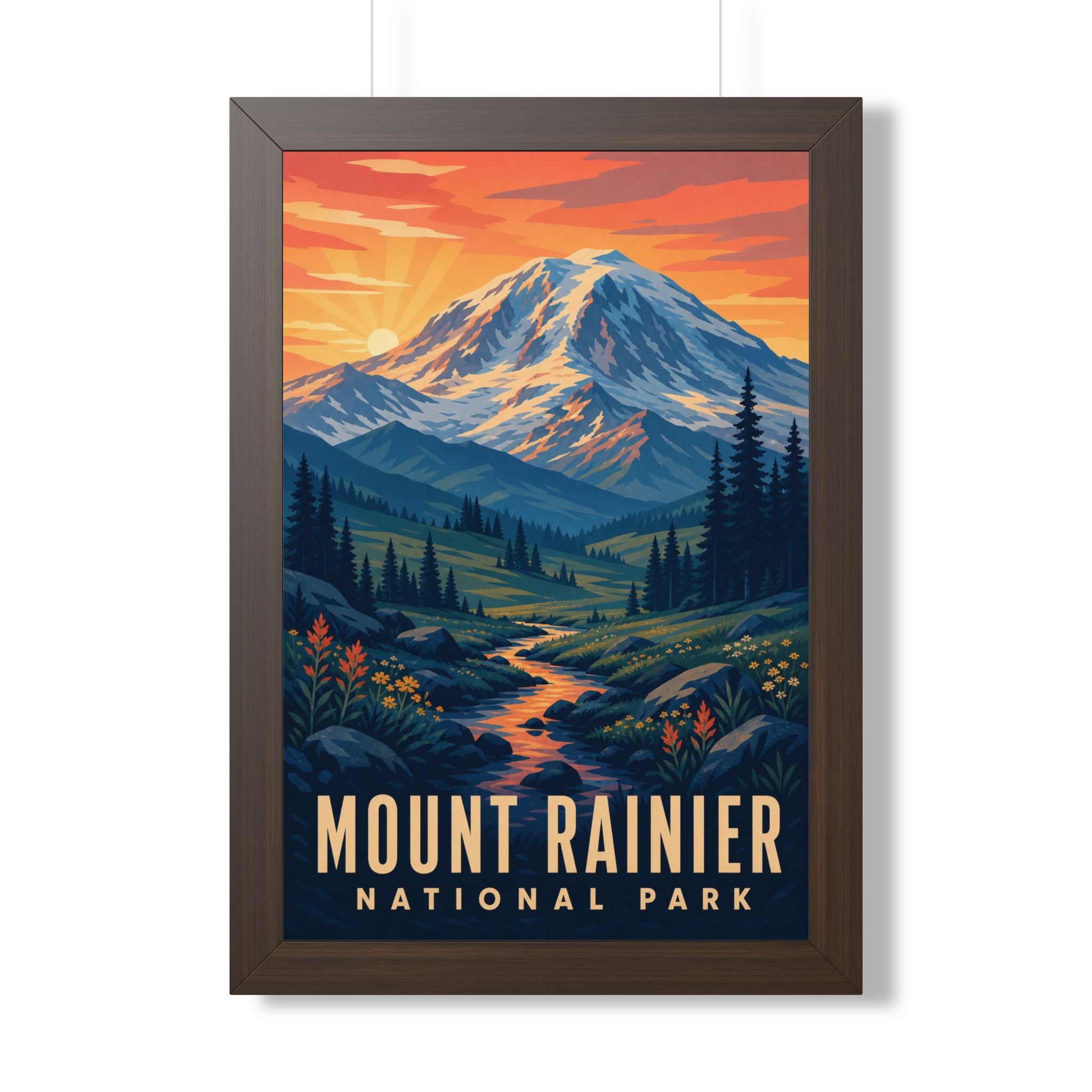 Mount Rainier National Park Framed Poster | Vintage Travel Wall Art | Black Walnut White Frame | 16x24 20x30