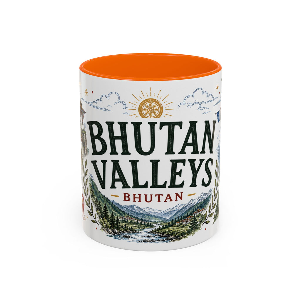 Bhutan Valleys Coffee Mug | Travel Destination Souvenir Gift | Accent Color Ceramic 11oz 15oz