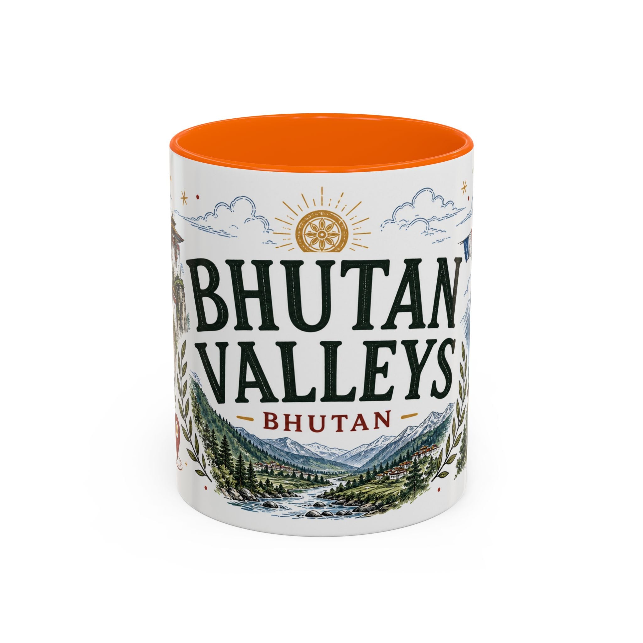 Bhutan Valleys Coffee Mug | Travel Destination Souvenir Gift | Accent Color Ceramic 11oz 15oz
