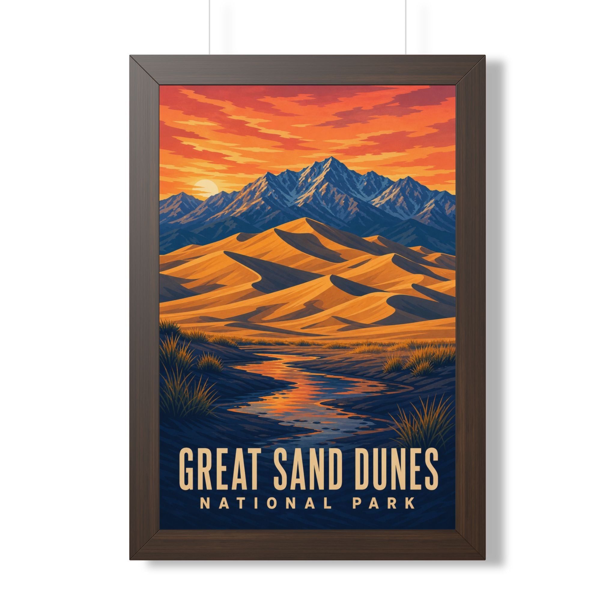 Great Sand Dunes National Park Framed Poster | Vintage Travel Wall Art | Black Walnut White Frame | 16x24 20x30