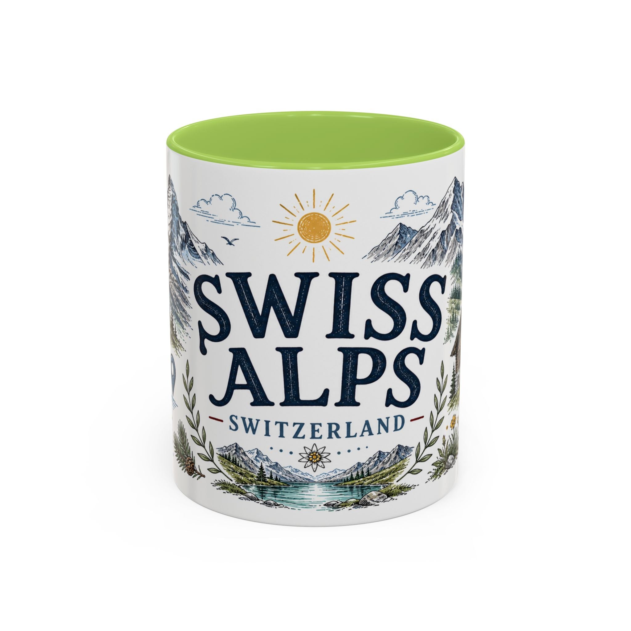 Swiss Alps Coffee Mug | Travel Destination Souvenir Gift | Accent Color Ceramic 11oz 15oz