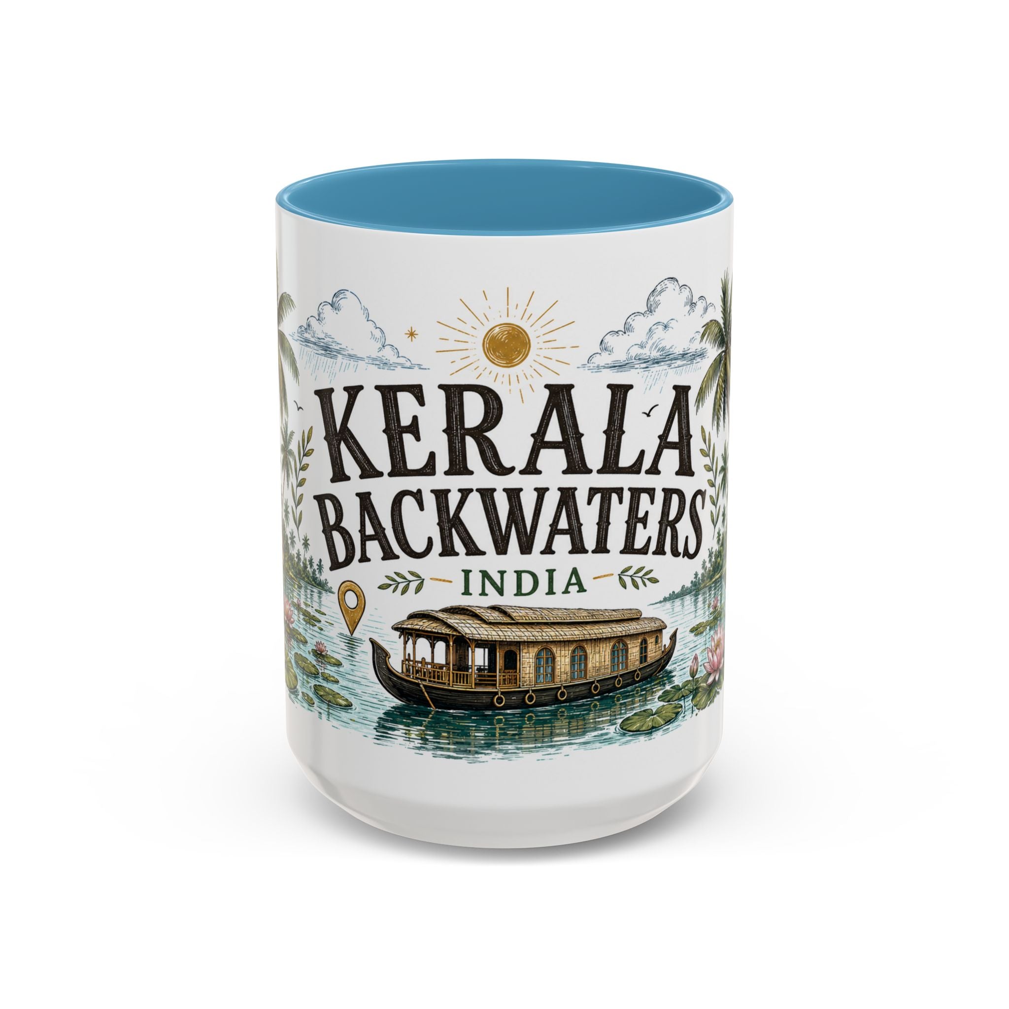 Kerala Backwaters Coffee Mug | Travel Destination Souvenir Gift | Accent Color Ceramic 11oz 15oz