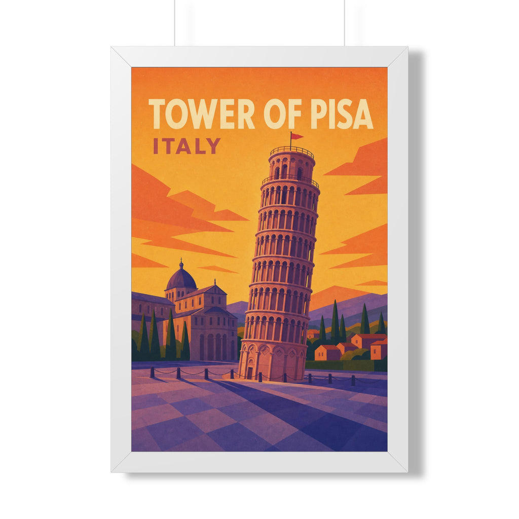 Leaning Tower of Pisa Italy Framed Poster | Vintage Travel Wall Art | Black Walnut White Frame | 16x24 20x30