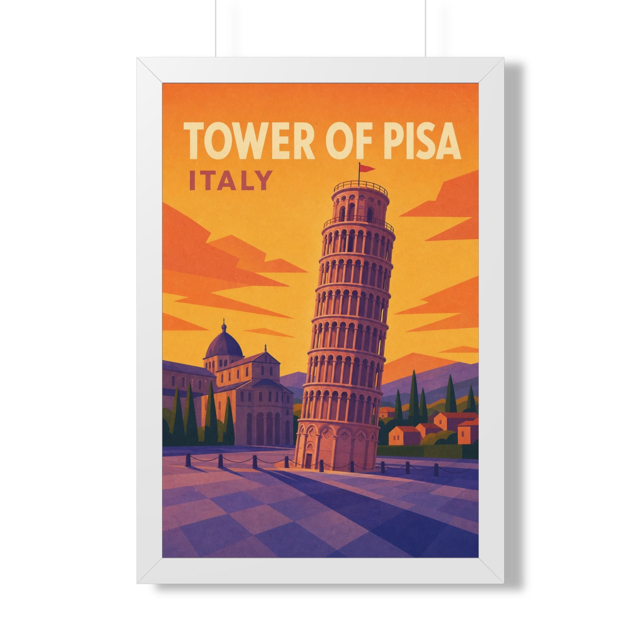 Leaning Tower of Pisa Italy Framed Poster | Vintage Travel Wall Art | Black Walnut White Frame | 16x24 20x30