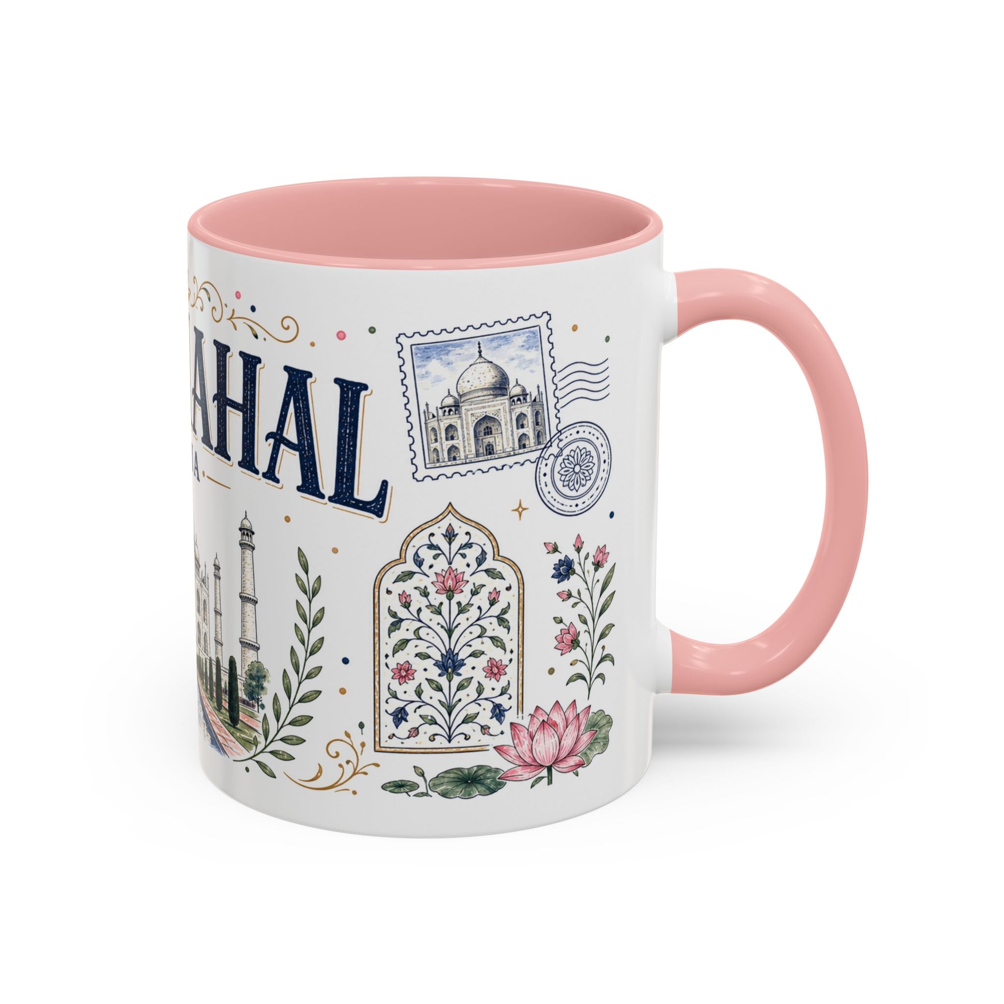 Taj Mahal Coffee Mug | Travel Destination Souvenir Gift | Accent Color Ceramic 11oz 15oz