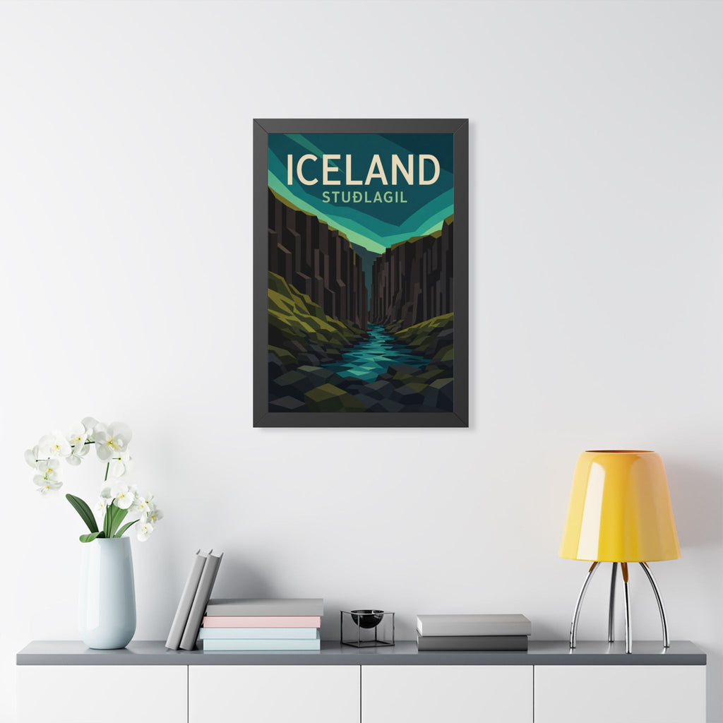 Stuðlagil Canyon Iceland Framed Poster | Vintage Travel Wall Art | Black Walnut White Frame | 16x24 20x30