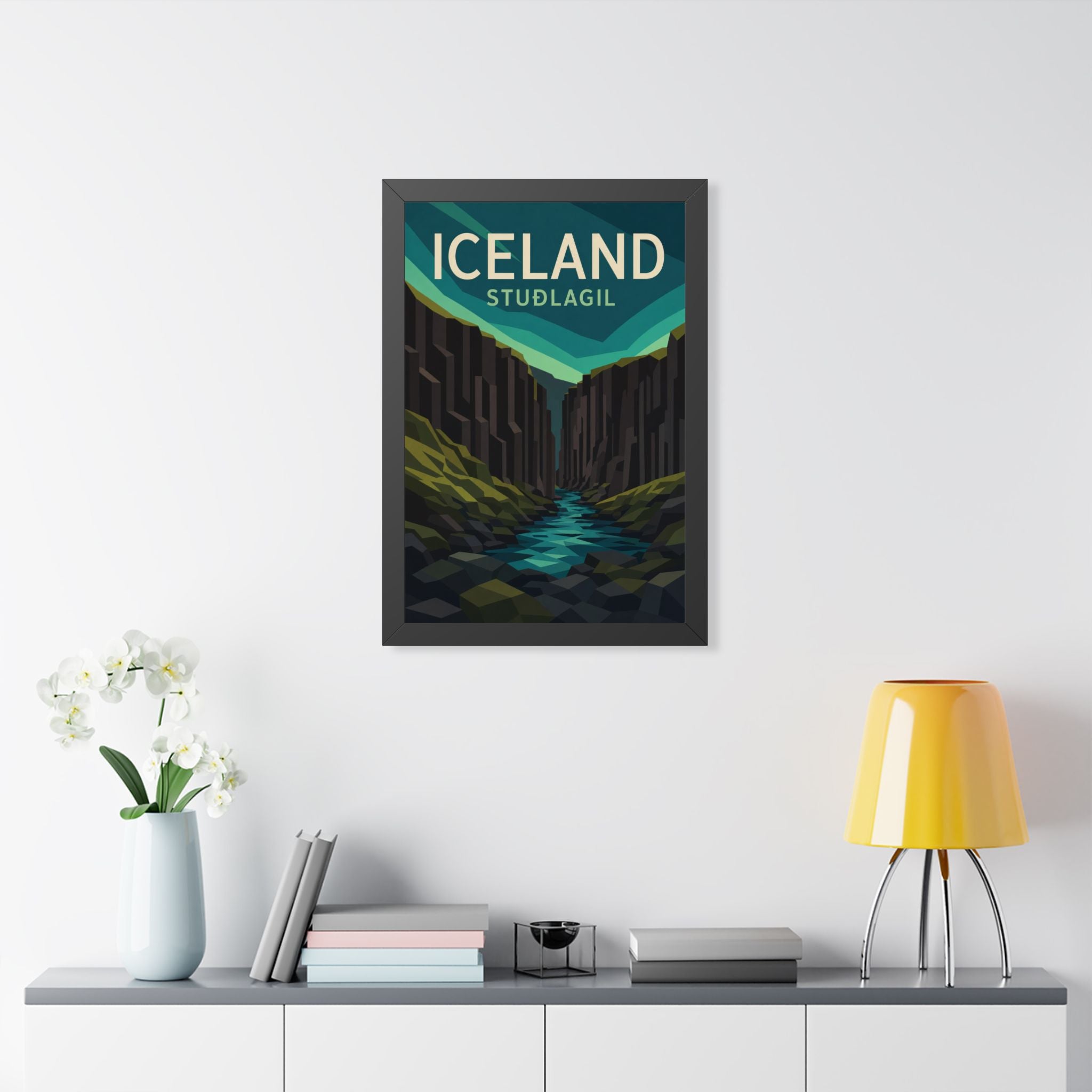 Stuðlagil Canyon Iceland Framed Poster | Vintage Travel Wall Art | Black Walnut White Frame | 16x24 20x30