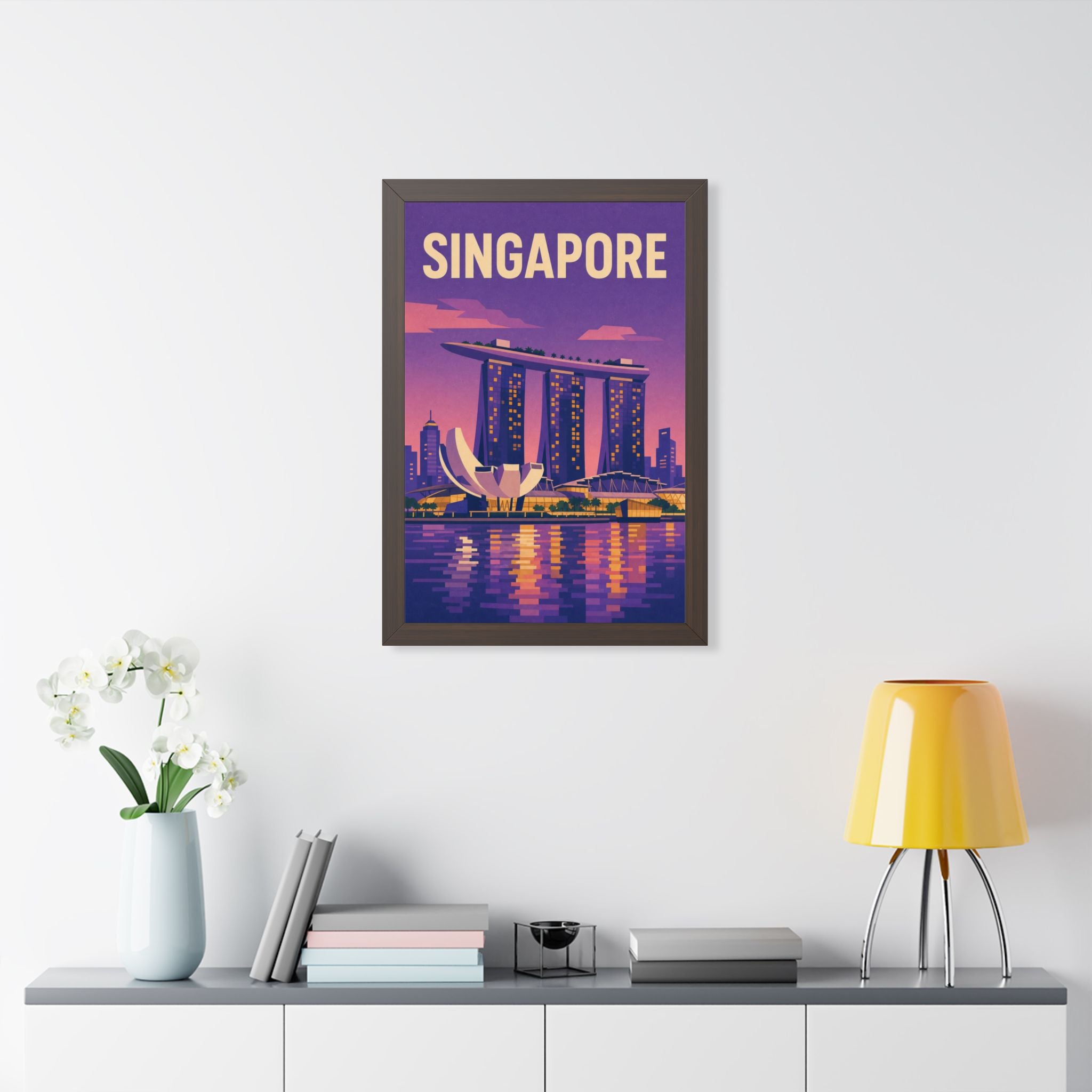 Singapore Marina Bay Singapore Framed Poster | Vintage Travel Wall Art | Black Walnut White Frame | 16x24 20x30