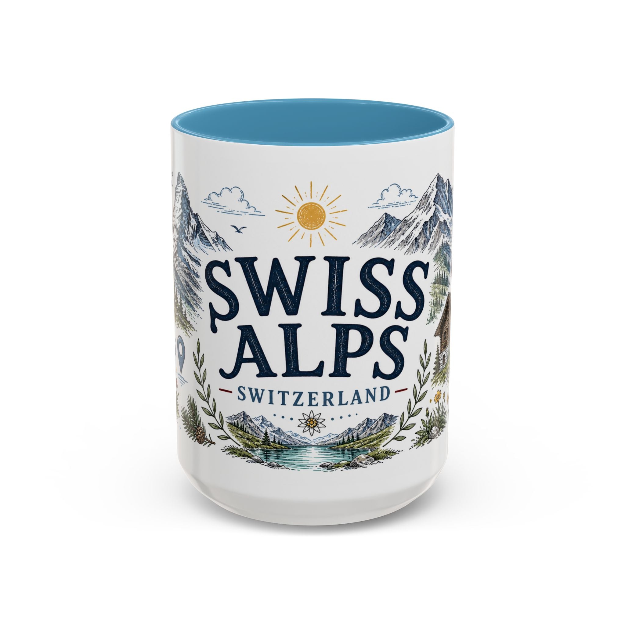 Swiss Alps Coffee Mug | Travel Destination Souvenir Gift | Accent Color Ceramic 11oz 15oz