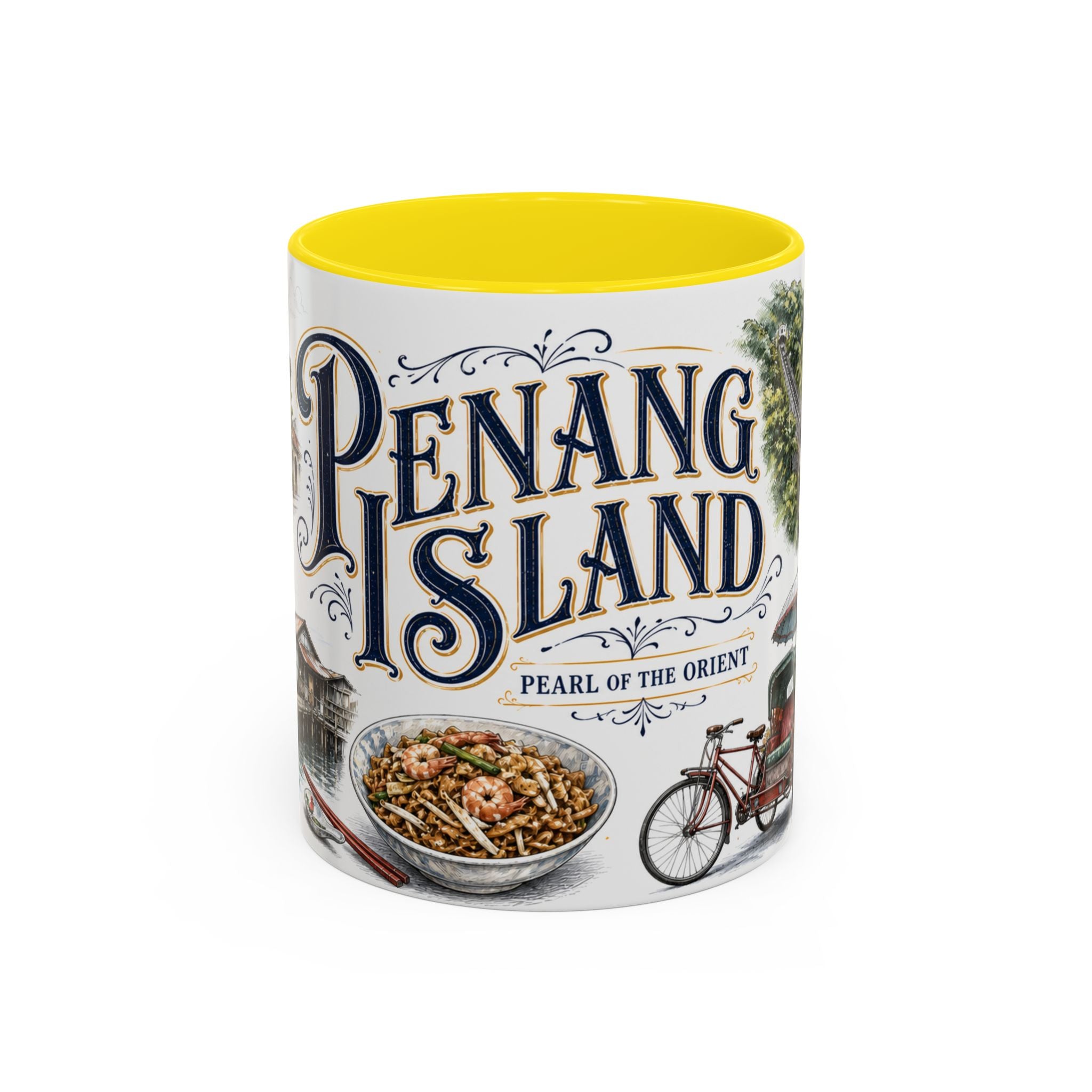 Penang Island Coffee Mug | Malaysia Travel Souvenir | Vintage Illustrated City Gift | 11 oz 15 oz Accent Mug