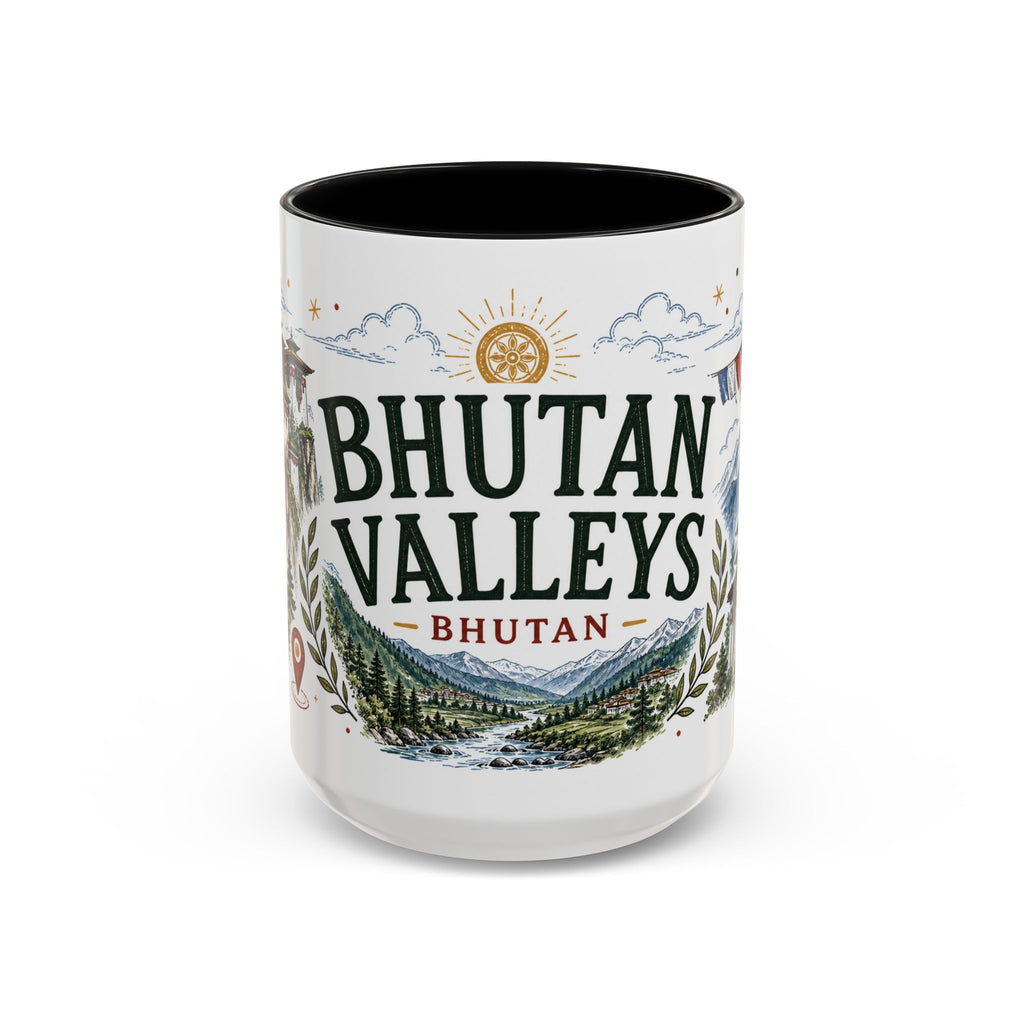 Bhutan Valleys Coffee Mug | Travel Destination Souvenir Gift | Accent Color Ceramic 11oz 15oz