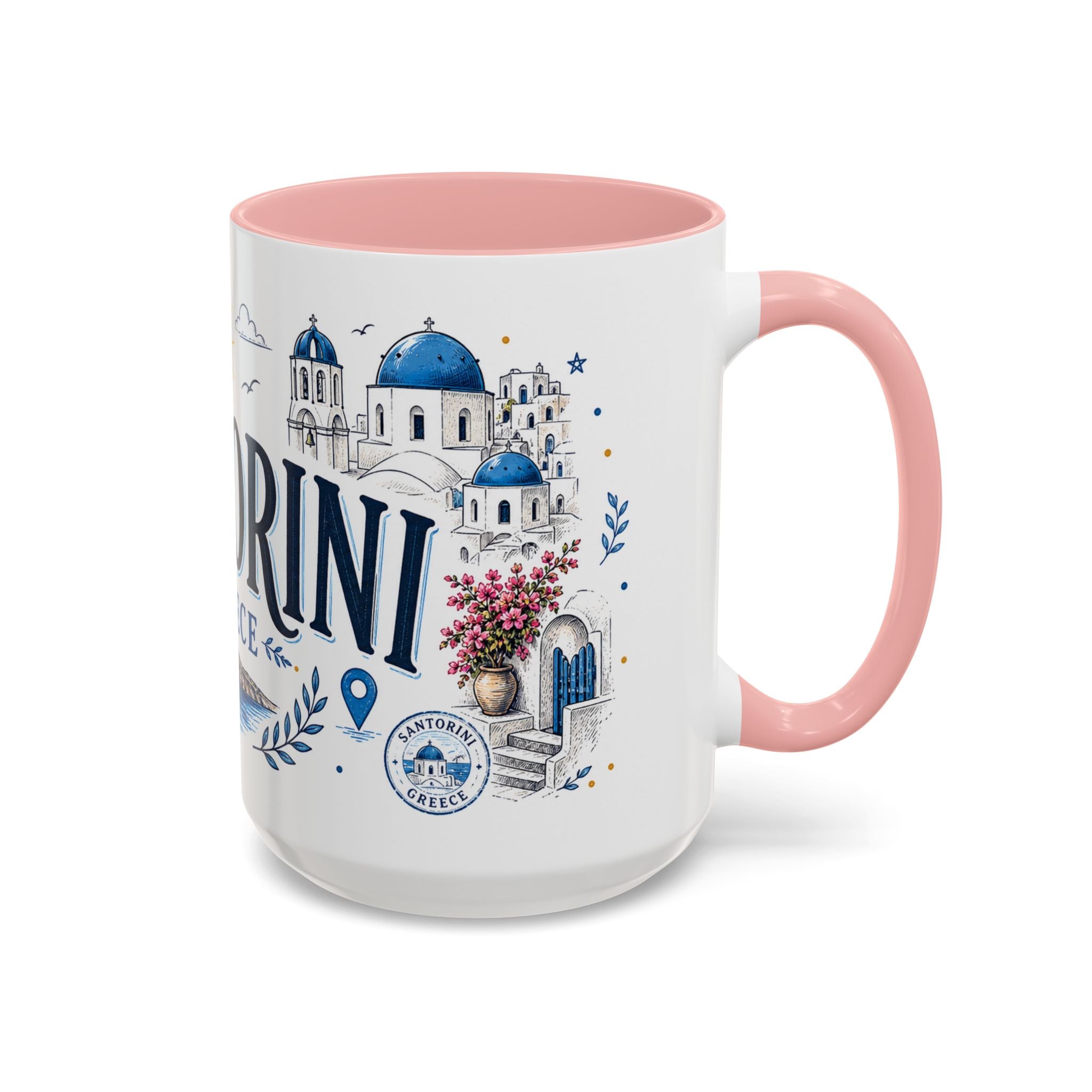 Santorini Coffee Mug | Travel Destination Souvenir Gift | Accent Color Ceramic 11oz 15oz