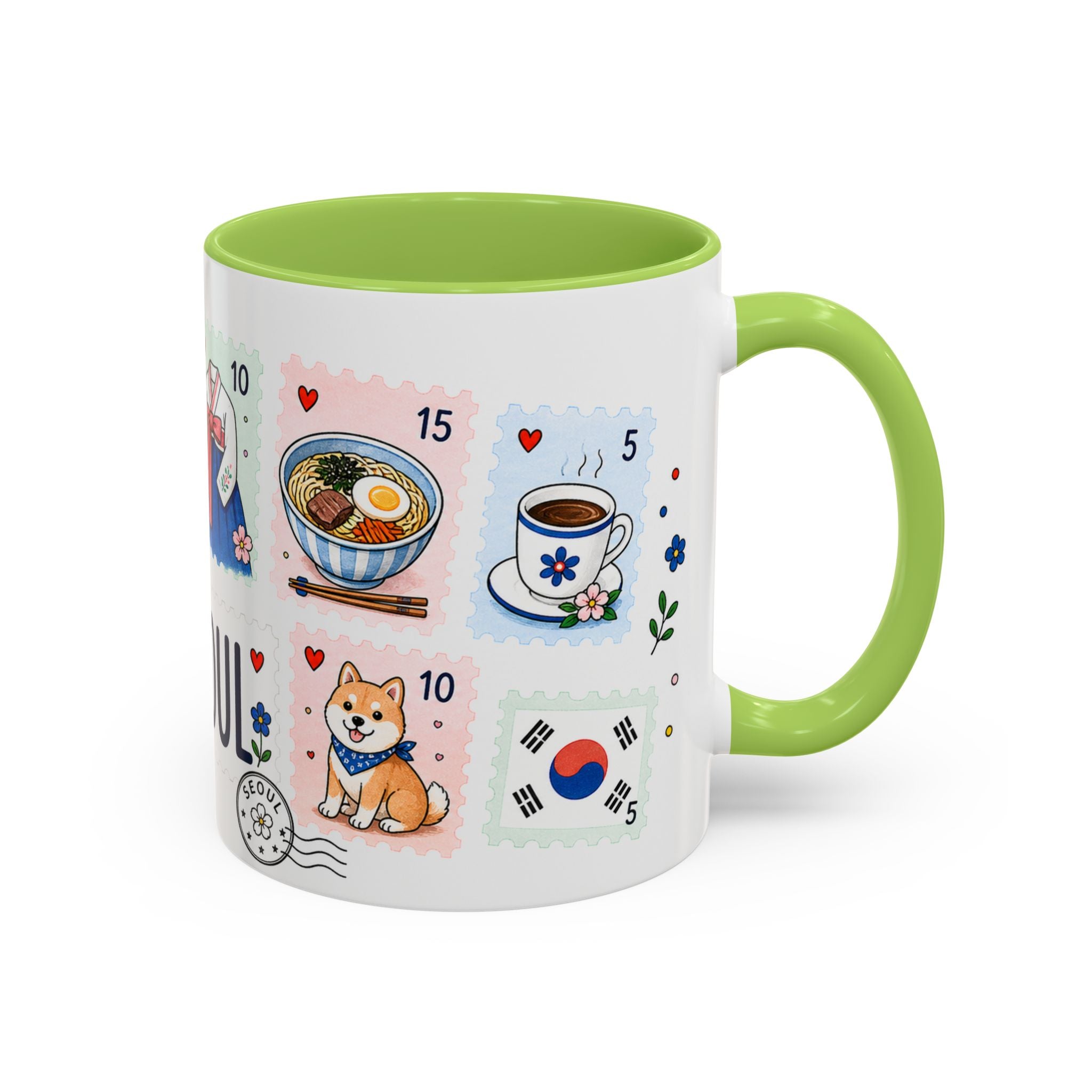 Seoul Coffee Mug | Postage Stamp Collage Mug | Travel Souvenir Accent Cup 11oz 15oz