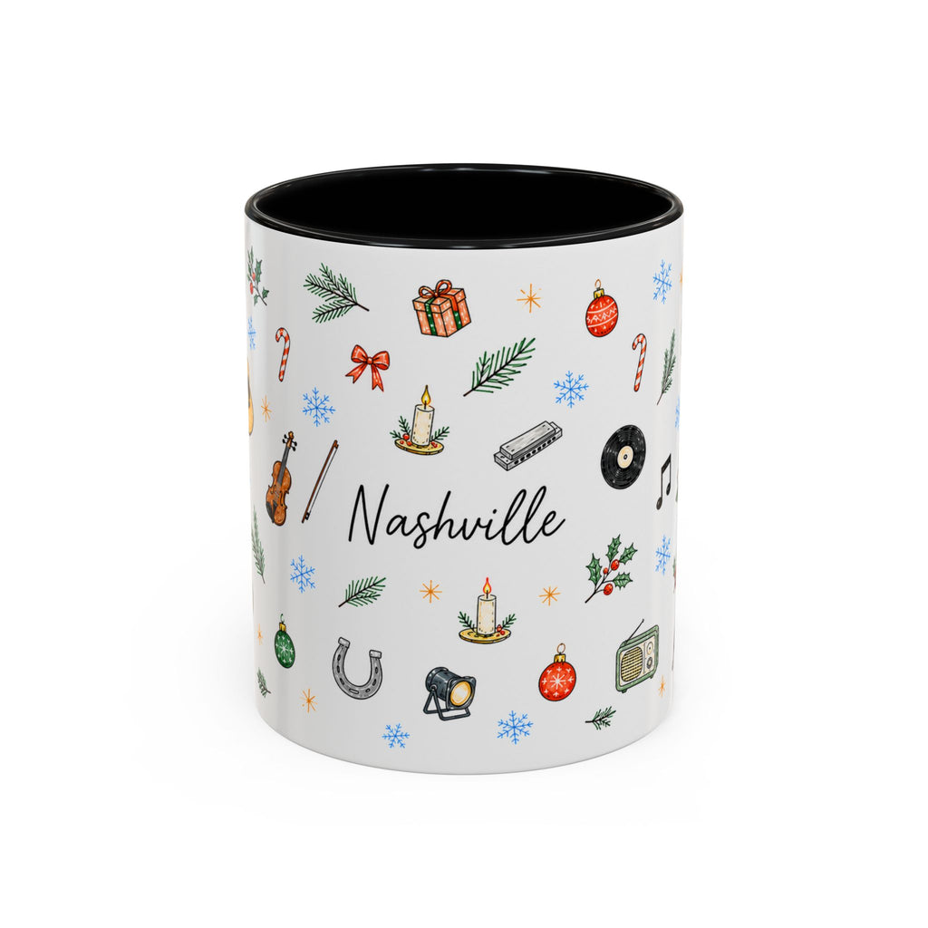 Nashville Christmas Mug | Watercolor City Souvenir, Acoustic Guitar, Harmonica (11oz 15oz)