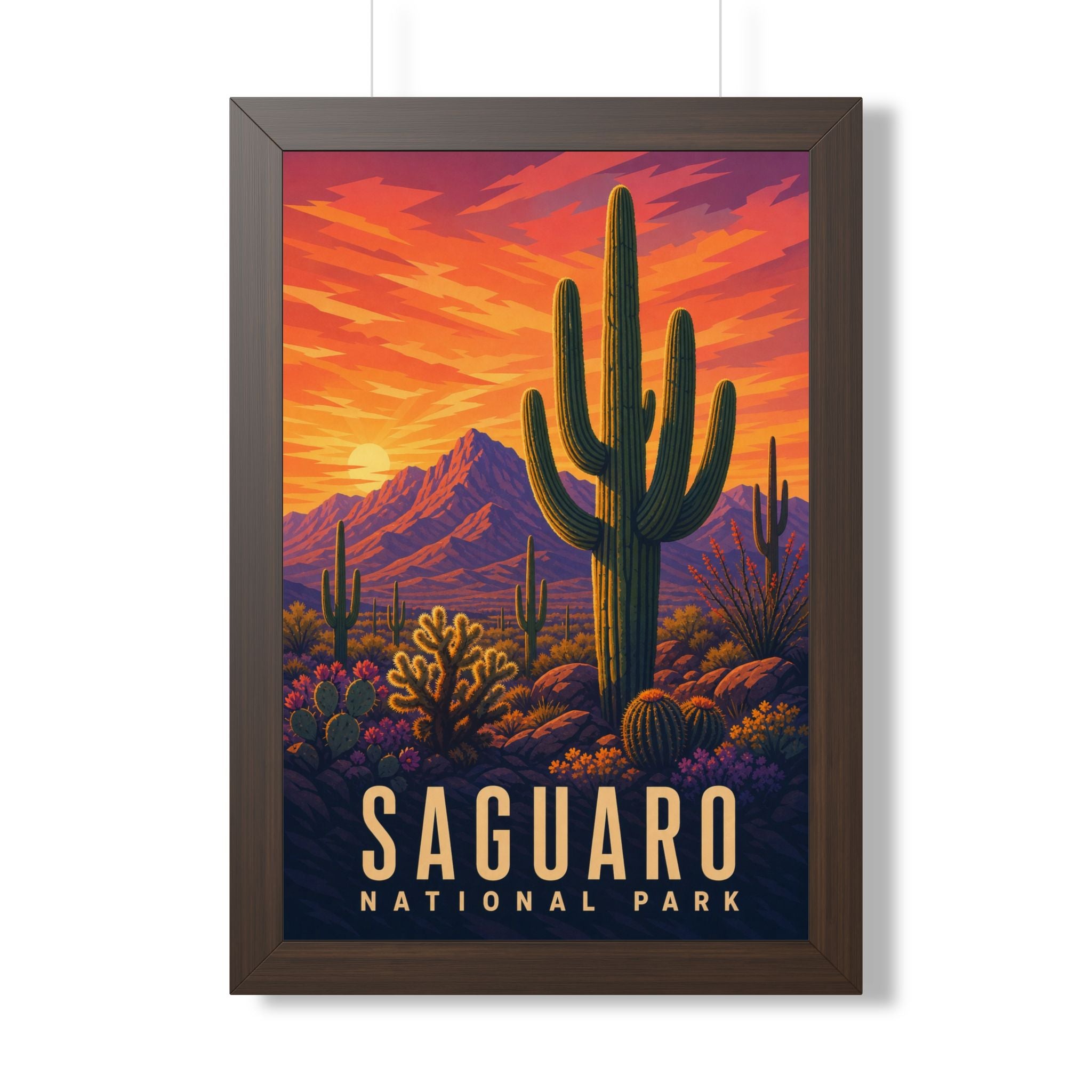 Saguaro National Park Framed Poster | Vintage Travel Wall Art | Black Walnut White Frame | 16x24 20x30