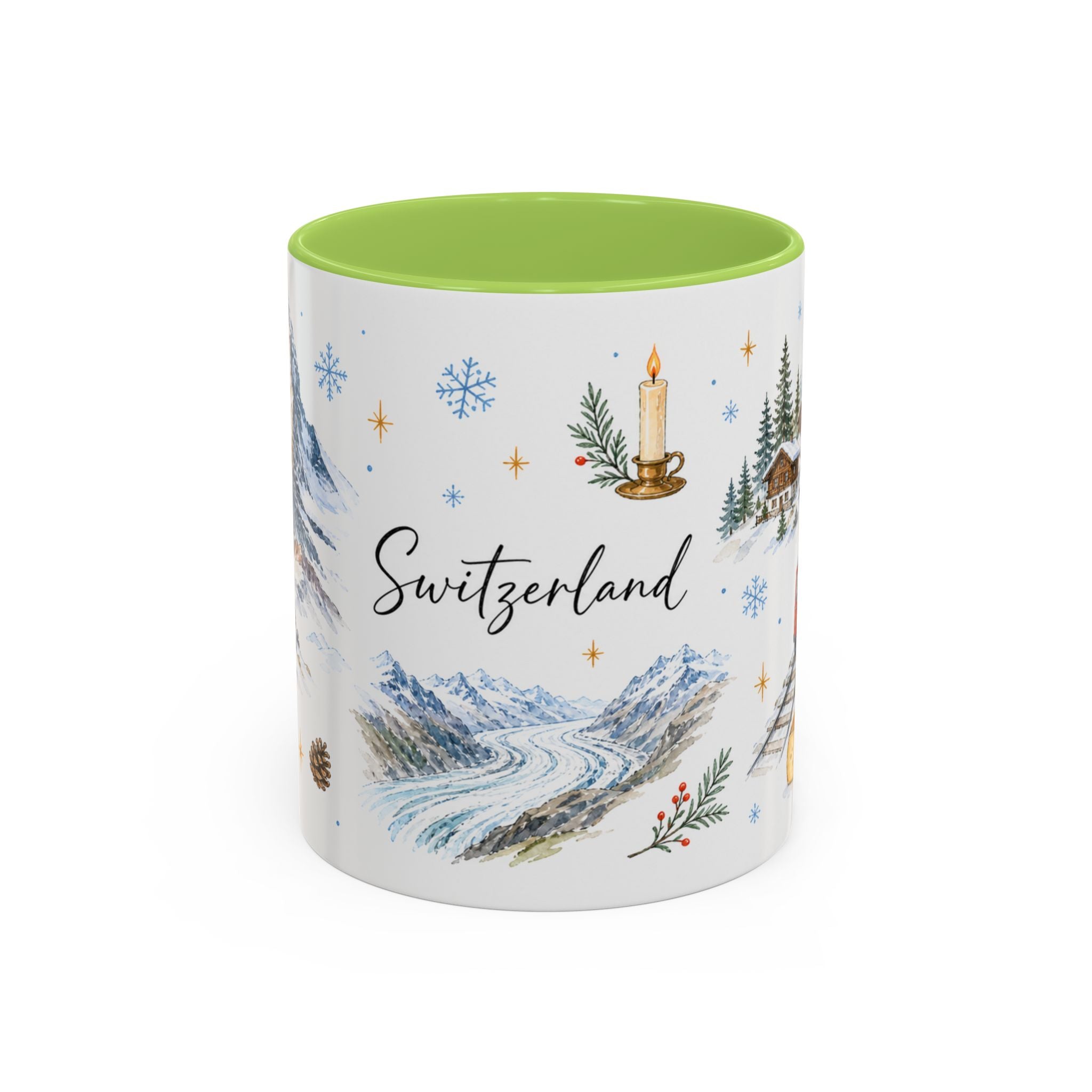 Switzerland Christmas Mug | Watercolor Travel Souvenir | Holiday Gift | Accent Ceramic Coffee Cup 11oz 15oz