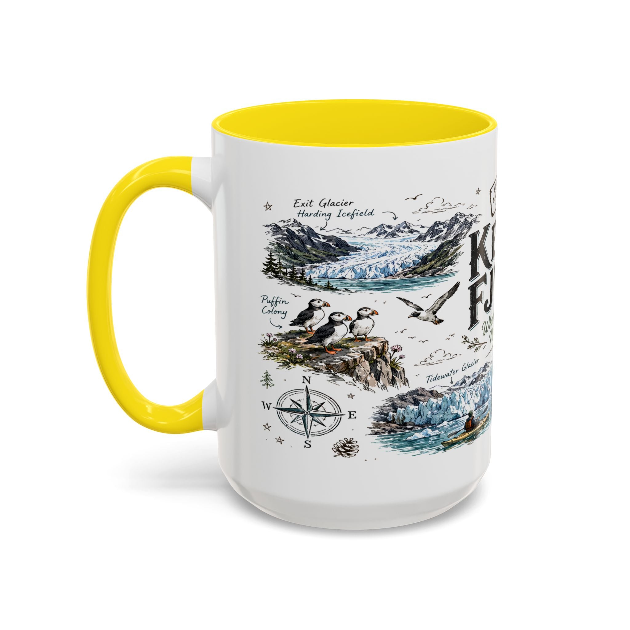 Kenai Fjords National Park Coffee Mug | Alaska Coastal Wildlife Hiking Gift | Accent Color Ceramic 11oz 15oz