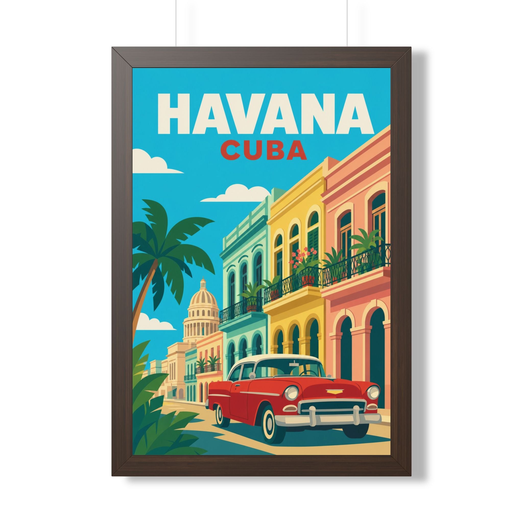 Havana Cuba Framed Poster | Vintage Travel Wall Art | Black Walnut White Frame | 16x24 20x30