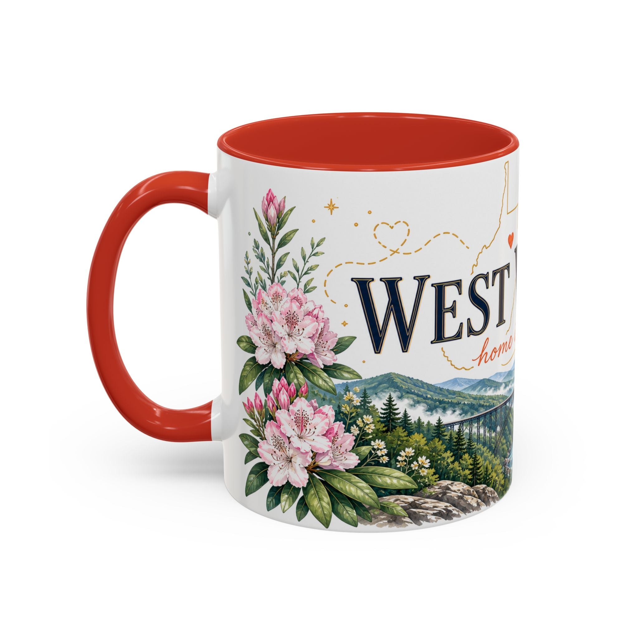 West Virginia State Map Mug | Appalachian Bridge, Rhododendron Accent Coffee Cup