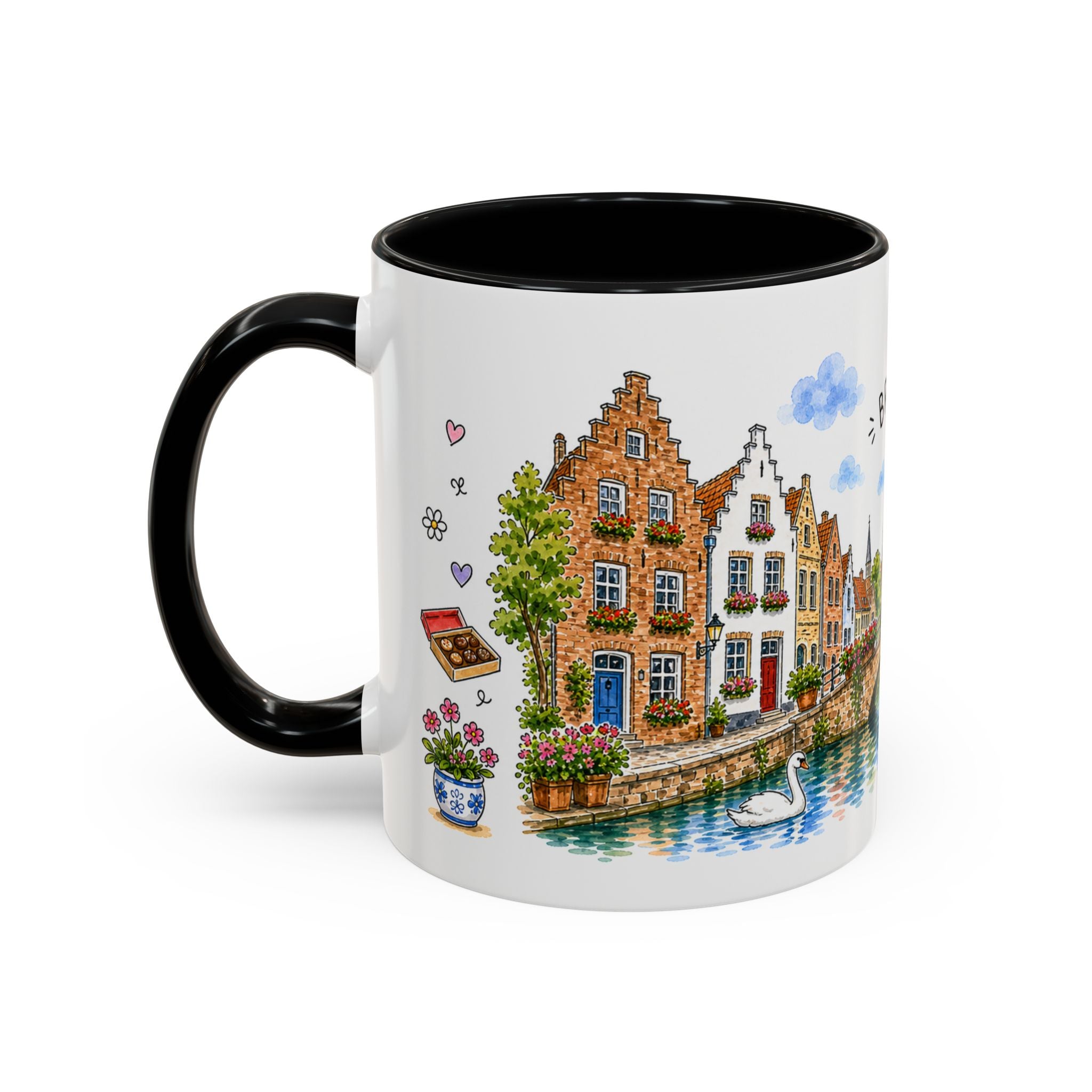 Bruges Illustrated Travel Mug | Belgium Souvenir Accent Coffee Mug | 11oz 15oz Ceramic Cup