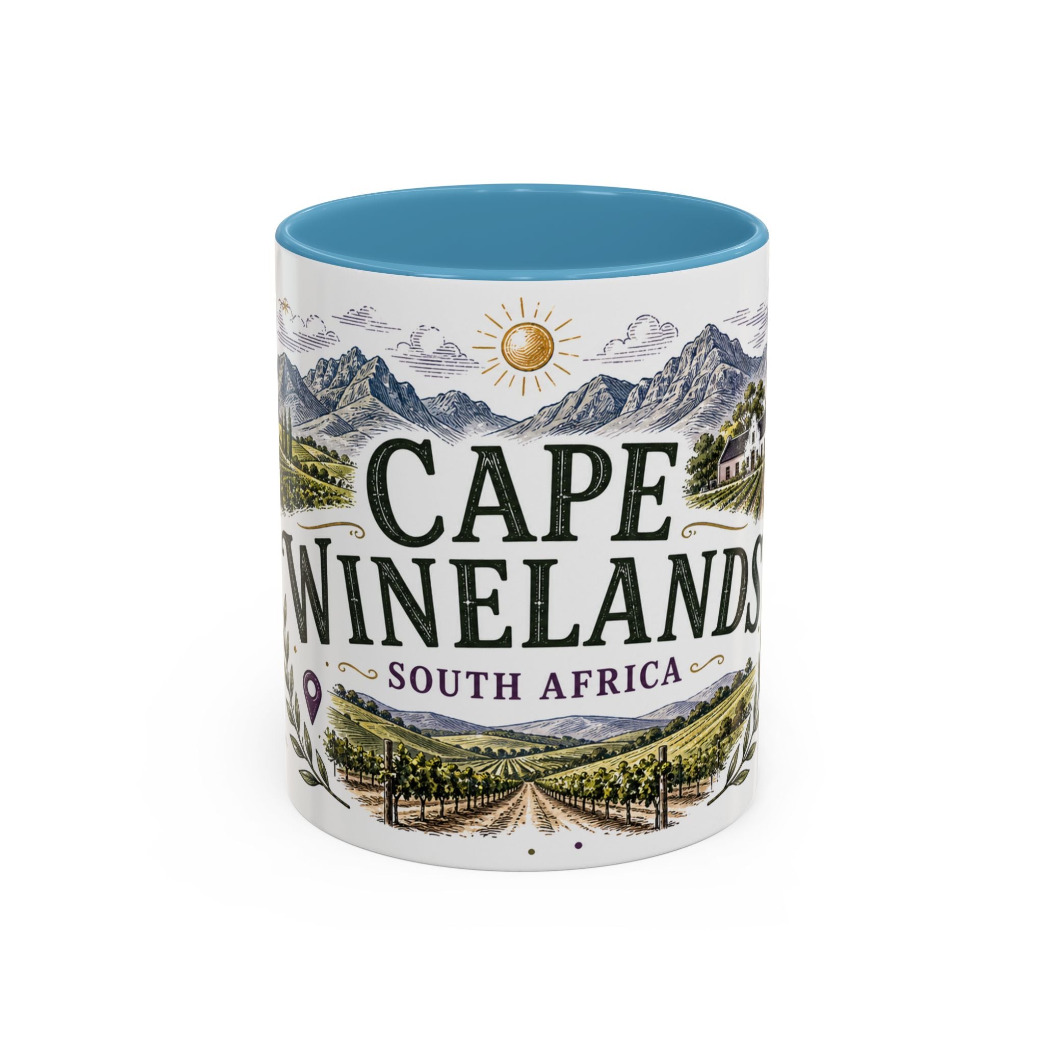 Cape Winelands Coffee Mug | Travel Destination Souvenir Gift | Accent Color Ceramic 11oz 15oz