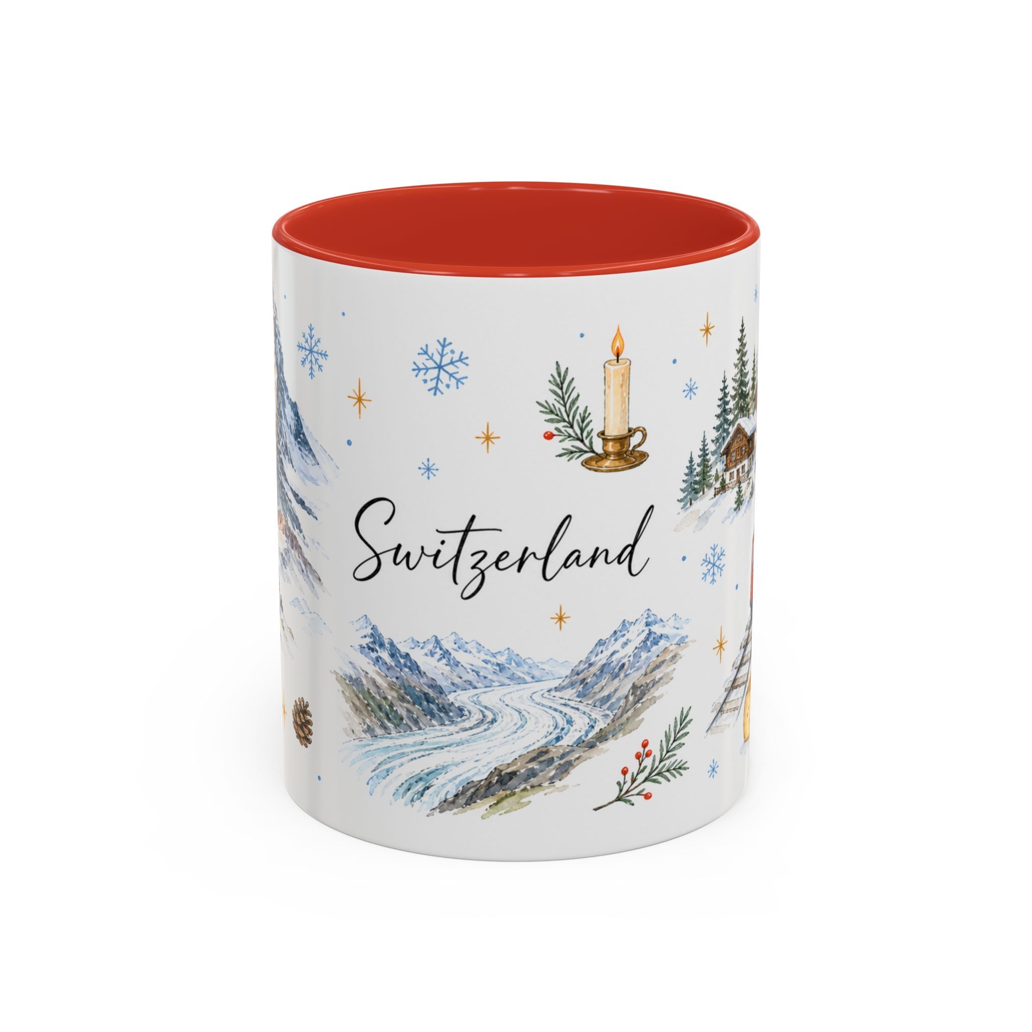 Switzerland Christmas Mug | Watercolor Travel Souvenir | Holiday Gift | Accent Ceramic Coffee Cup 11oz 15oz