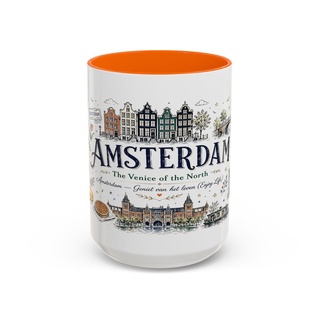 Amsterdam Coffee Mug | Netherlands Souvenir Travel Gift | Accent Color Ceramic 11oz 15oz
